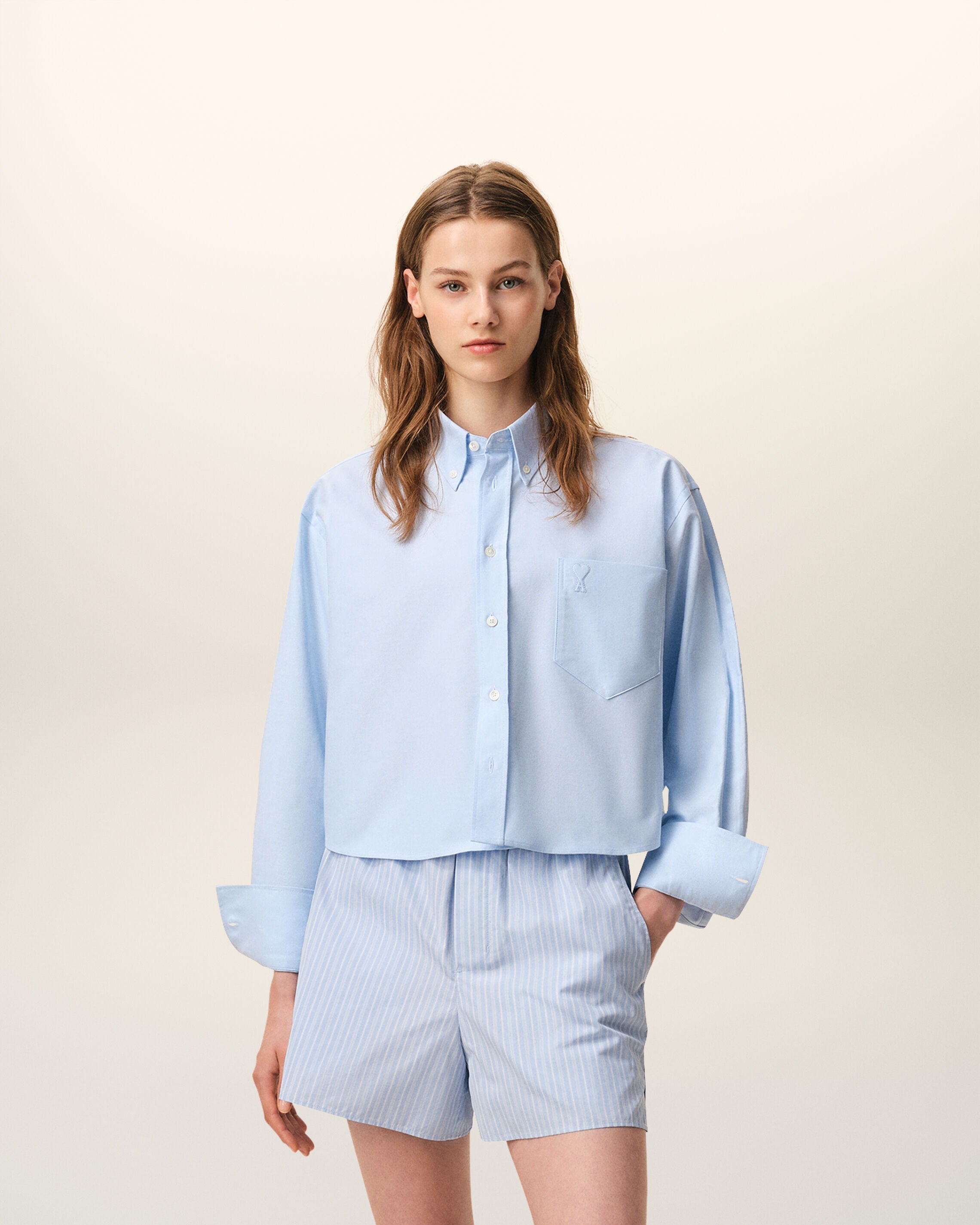 Blue Cotton Cropped Embossed Ami De Coeur Shirt