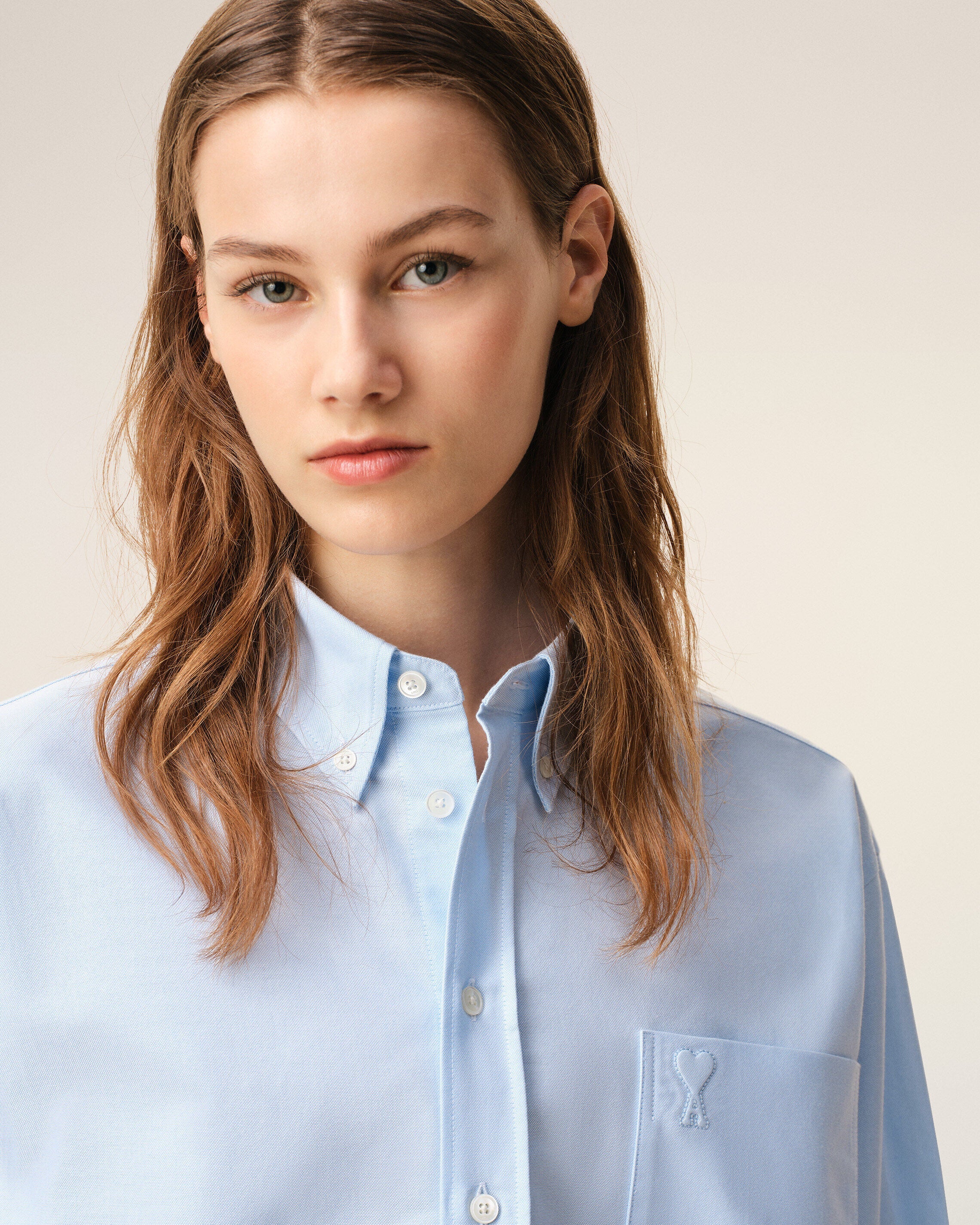 Blue Cotton Cropped Embossed Ami De Coeur Shirt