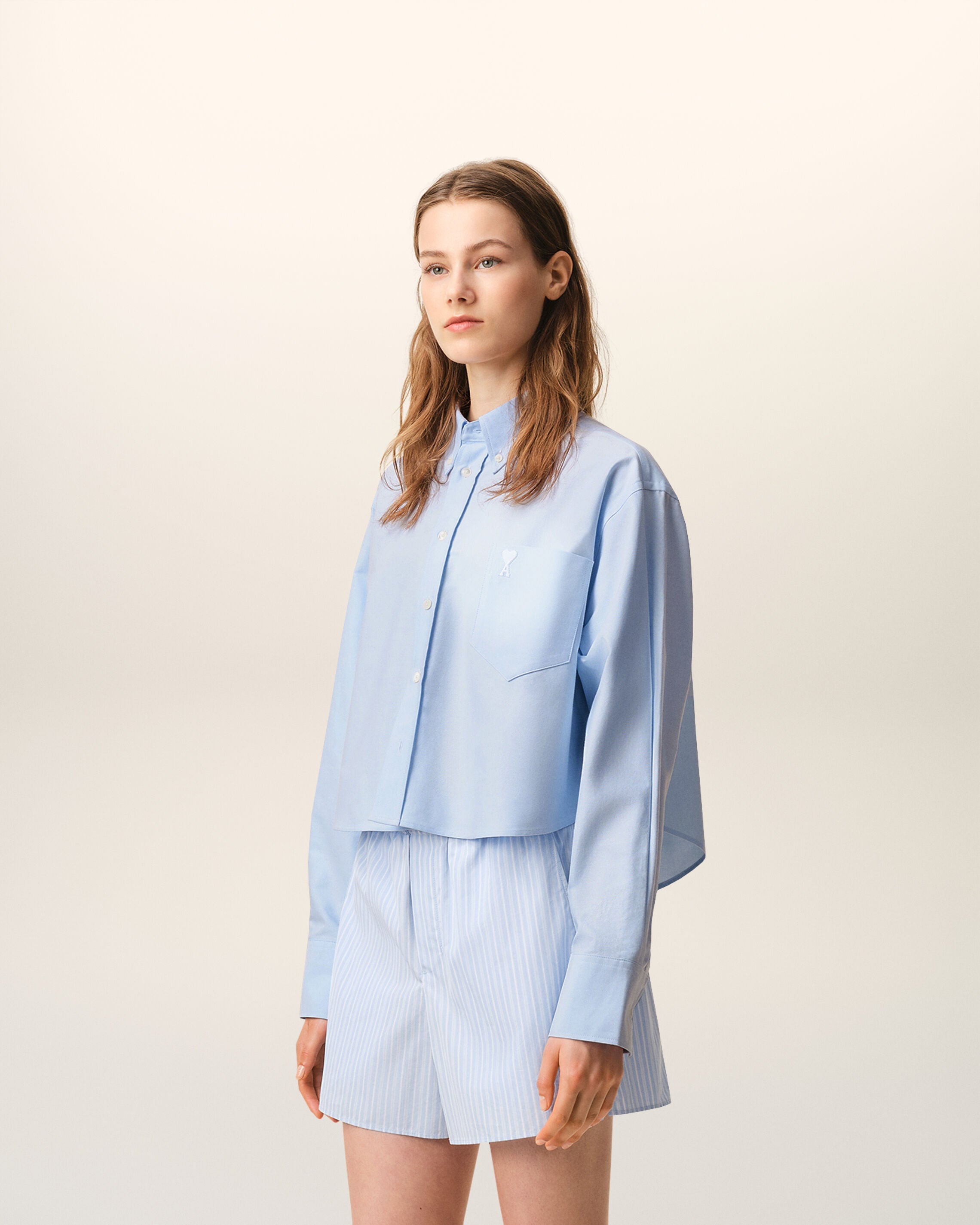 Blue Cotton Cropped Embossed Ami De Coeur Shirt