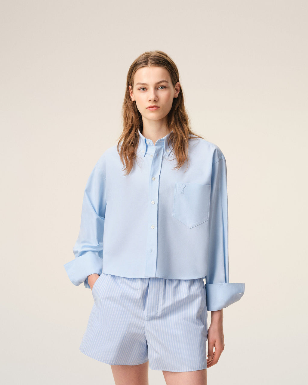 Blue Cotton Cropped Embossed Ami De Coeur Shirt