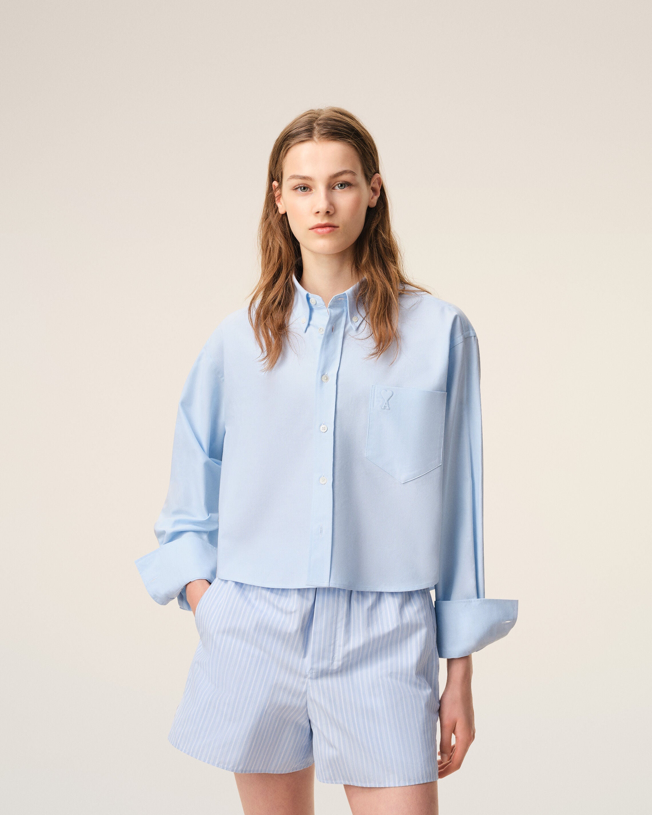 Blue Cotton Cropped Embossed Ami De Coeur Shirt