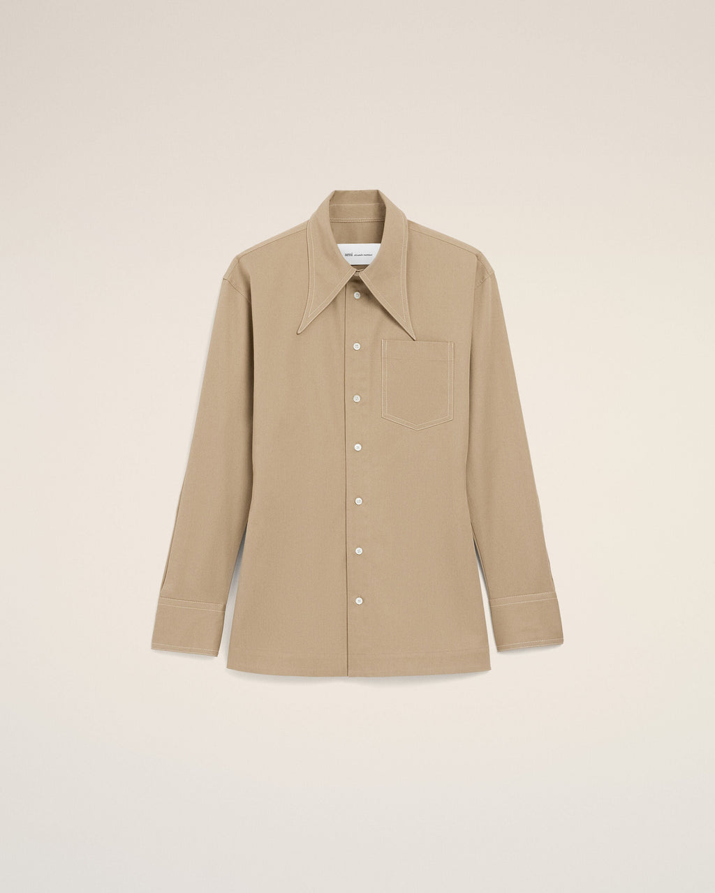 Beige Cotton Sharp Collar Fitted Shirt