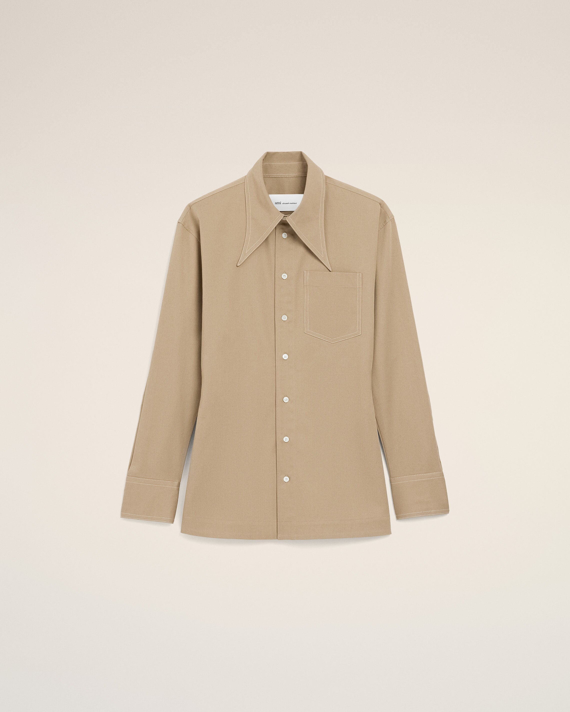 Beige Cotton Sharp Collar Fitted Shirt