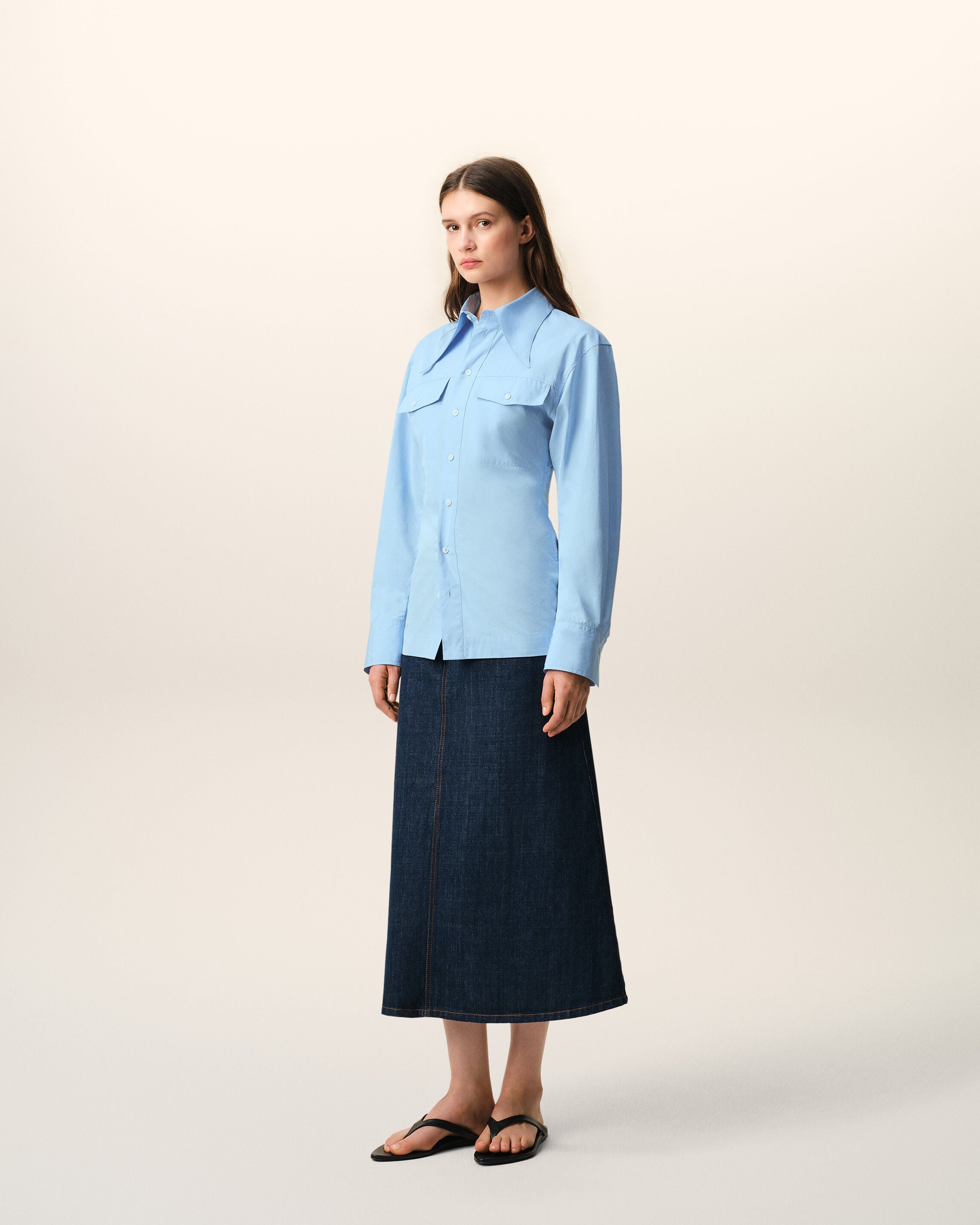 Blue Cotton Sharp Collar Fitted Shirt