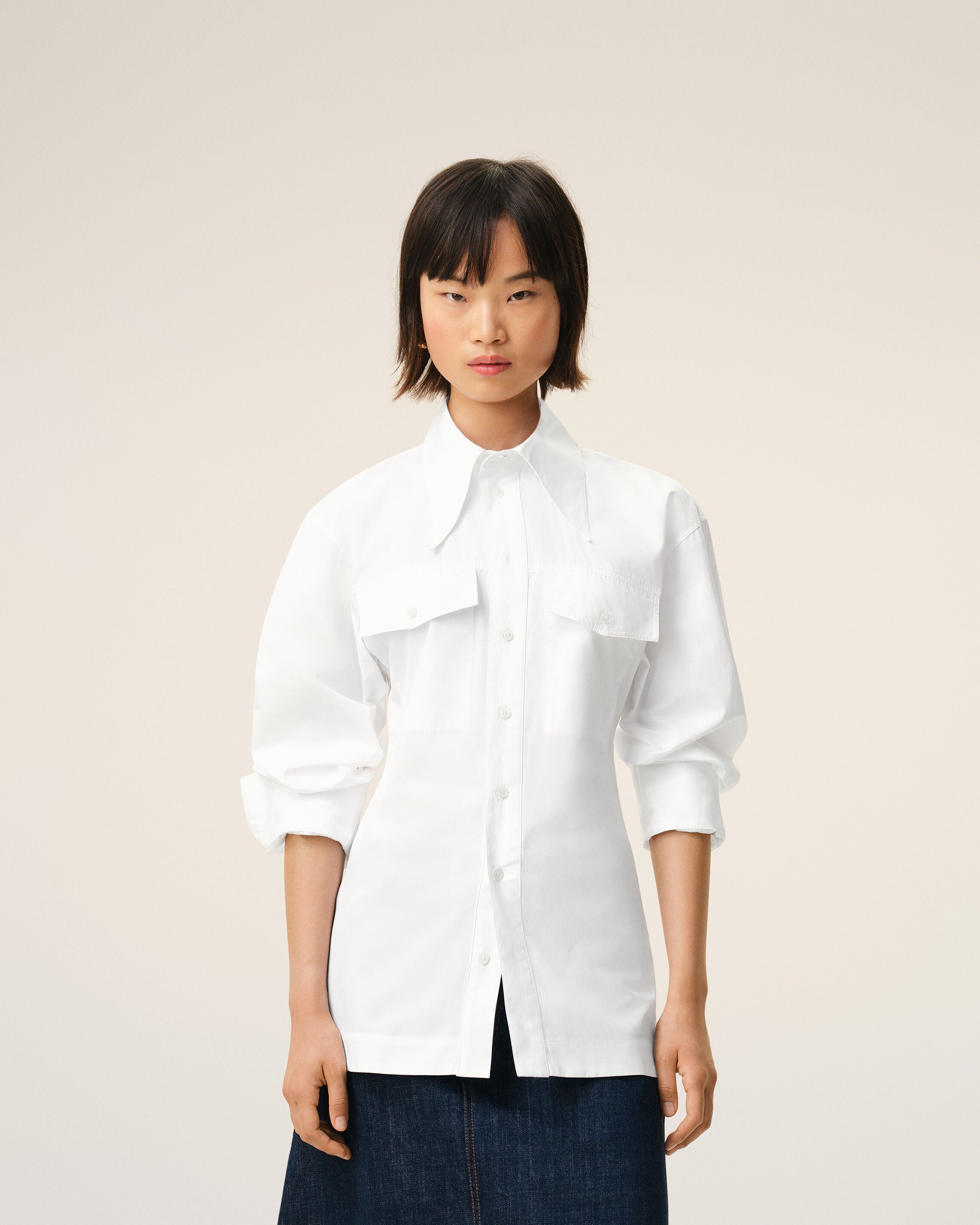 White Cotton Sharp Collar Fitted Shirt