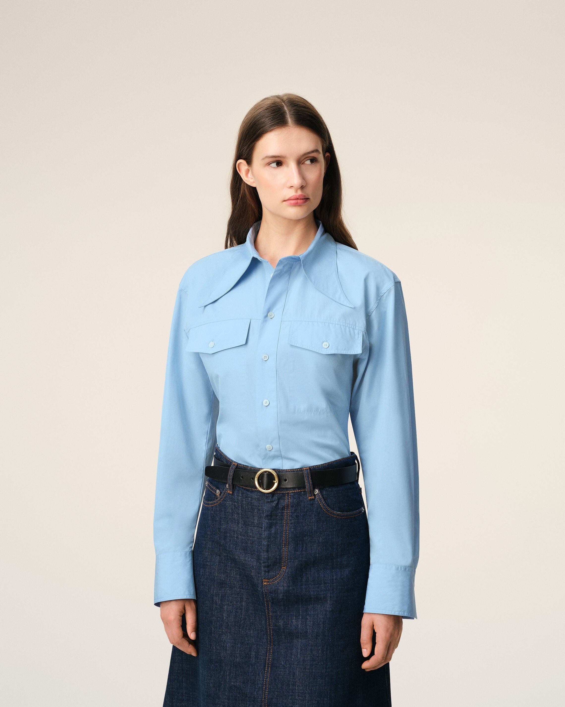 Blue Cotton Sharp Collar Fitted Shirt