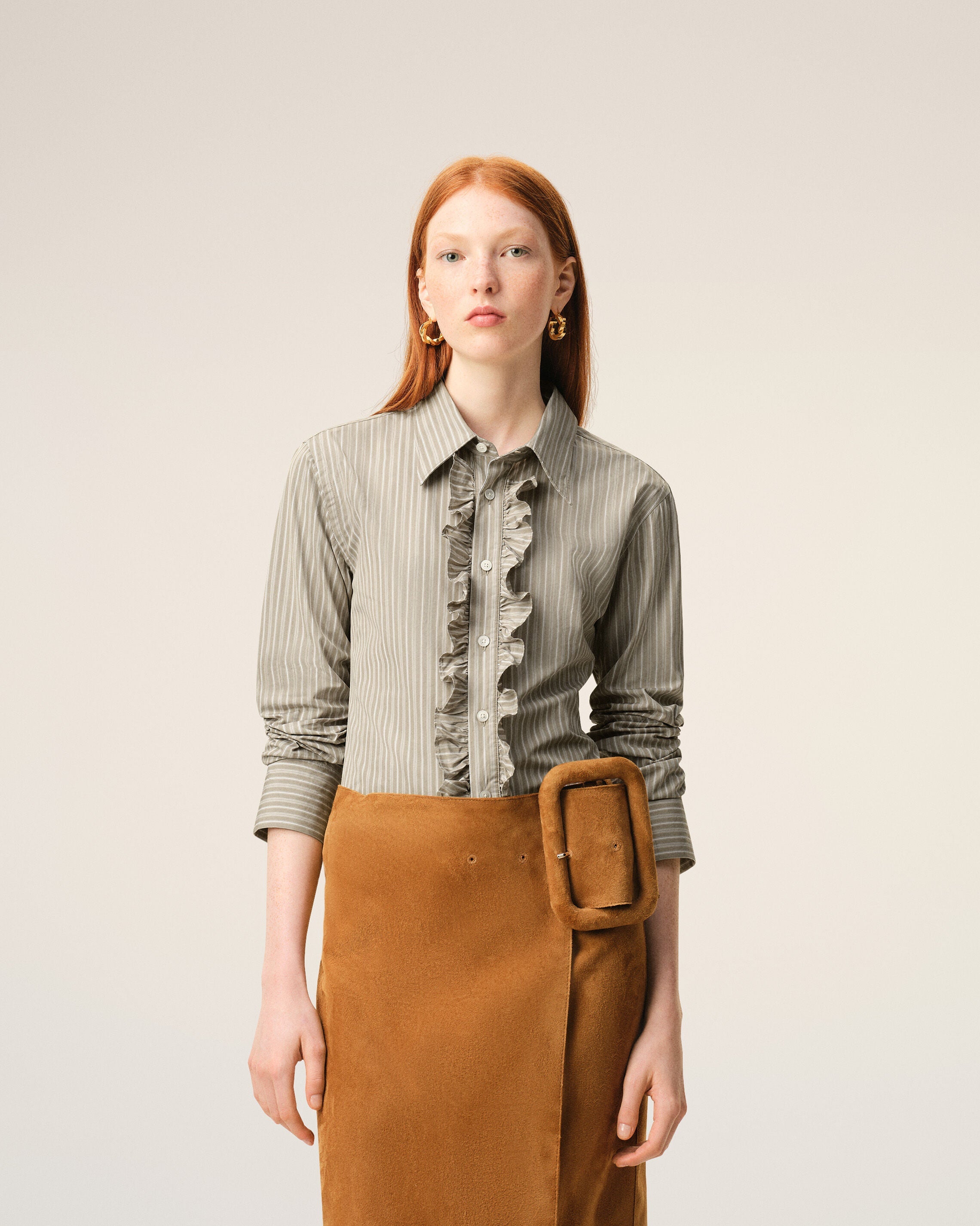 Beige Cotton Long Sleeve Ruffled Adjusted Shirt