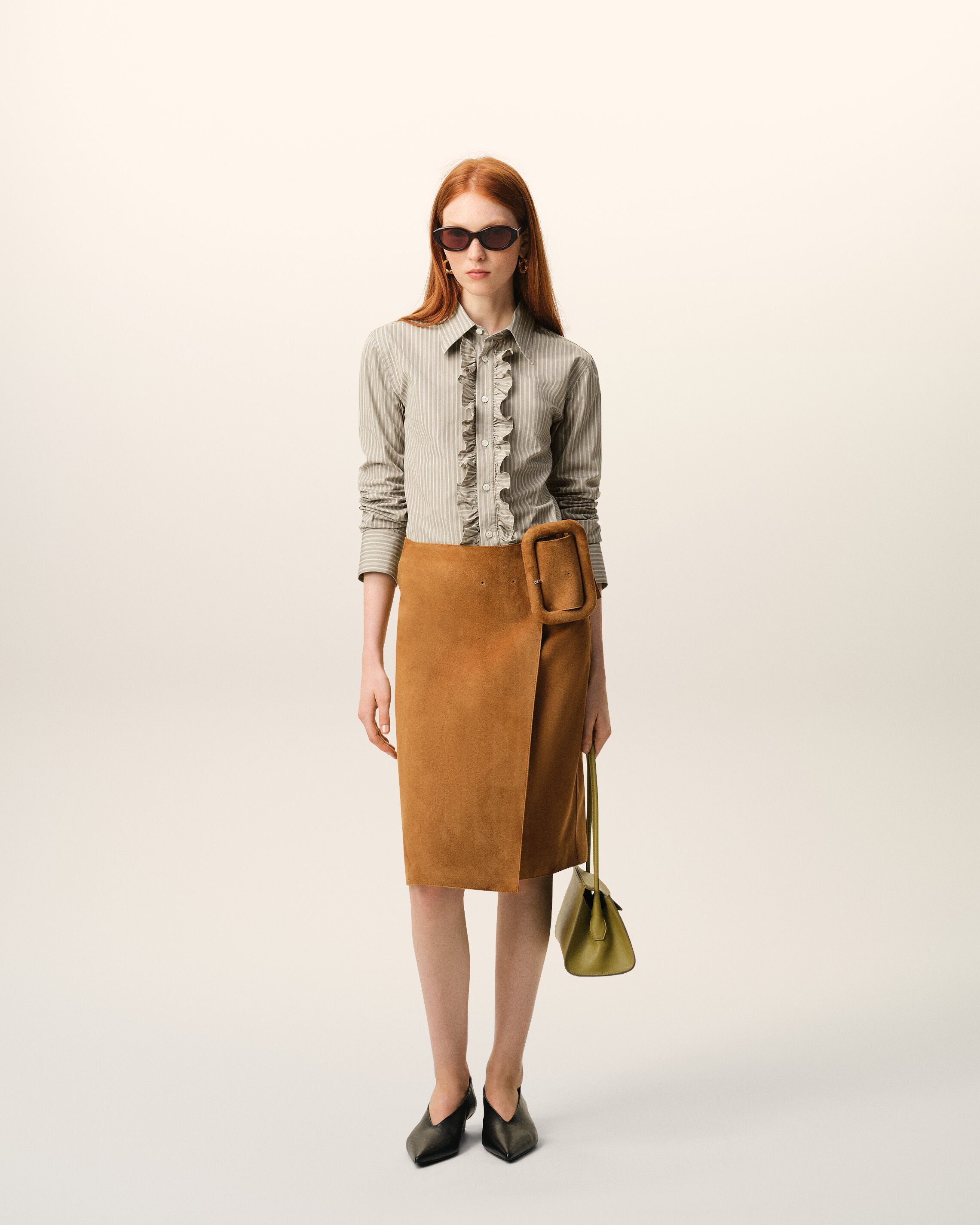 Beige Cotton Long Sleeve Ruffled Adjusted Shirt