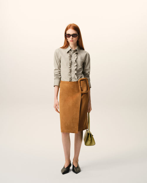 Beige Cotton Long Sleeve Ruffled Adjusted Shirt