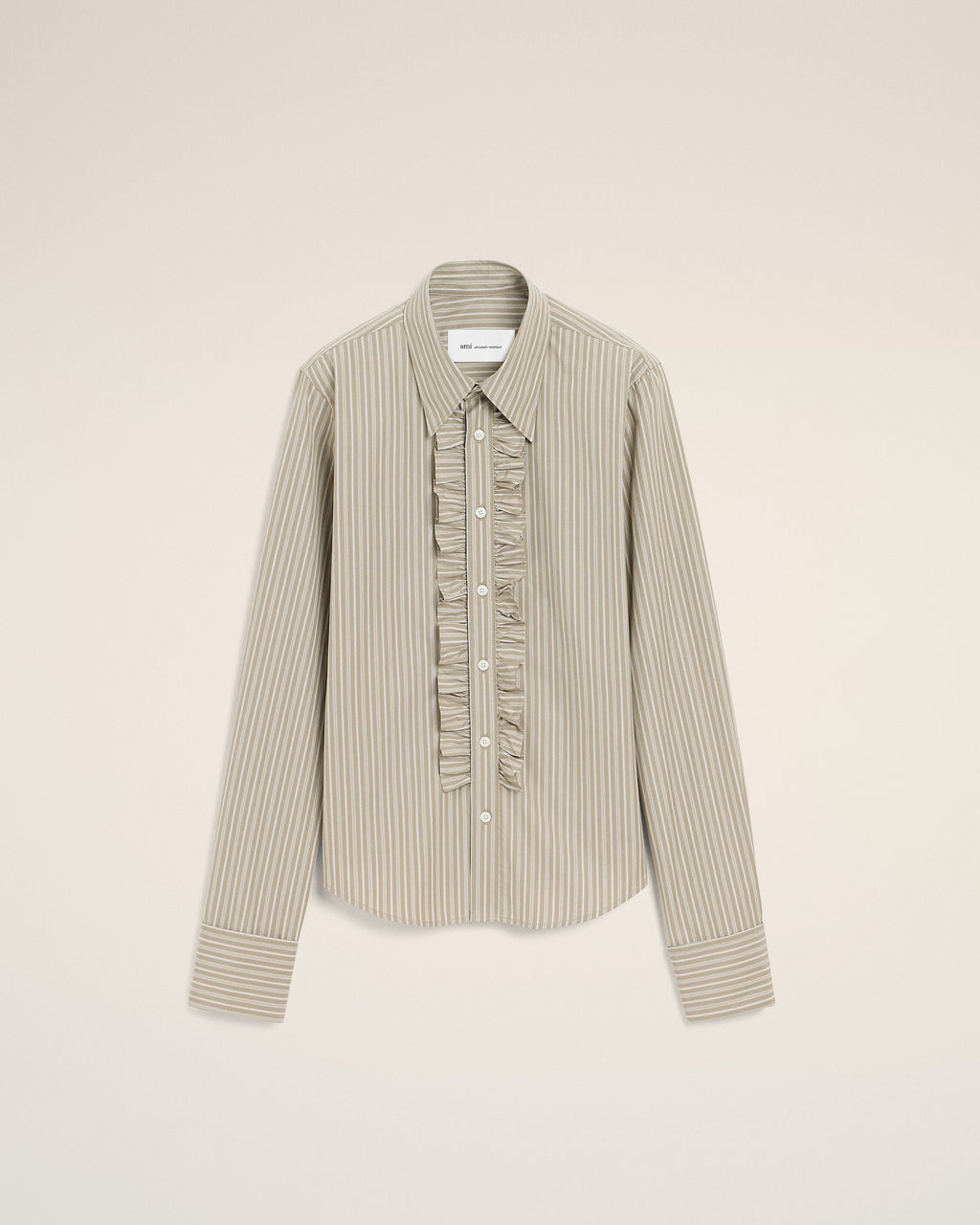 Beige Cotton Long Sleeve Ruffled Adjusted Shirt