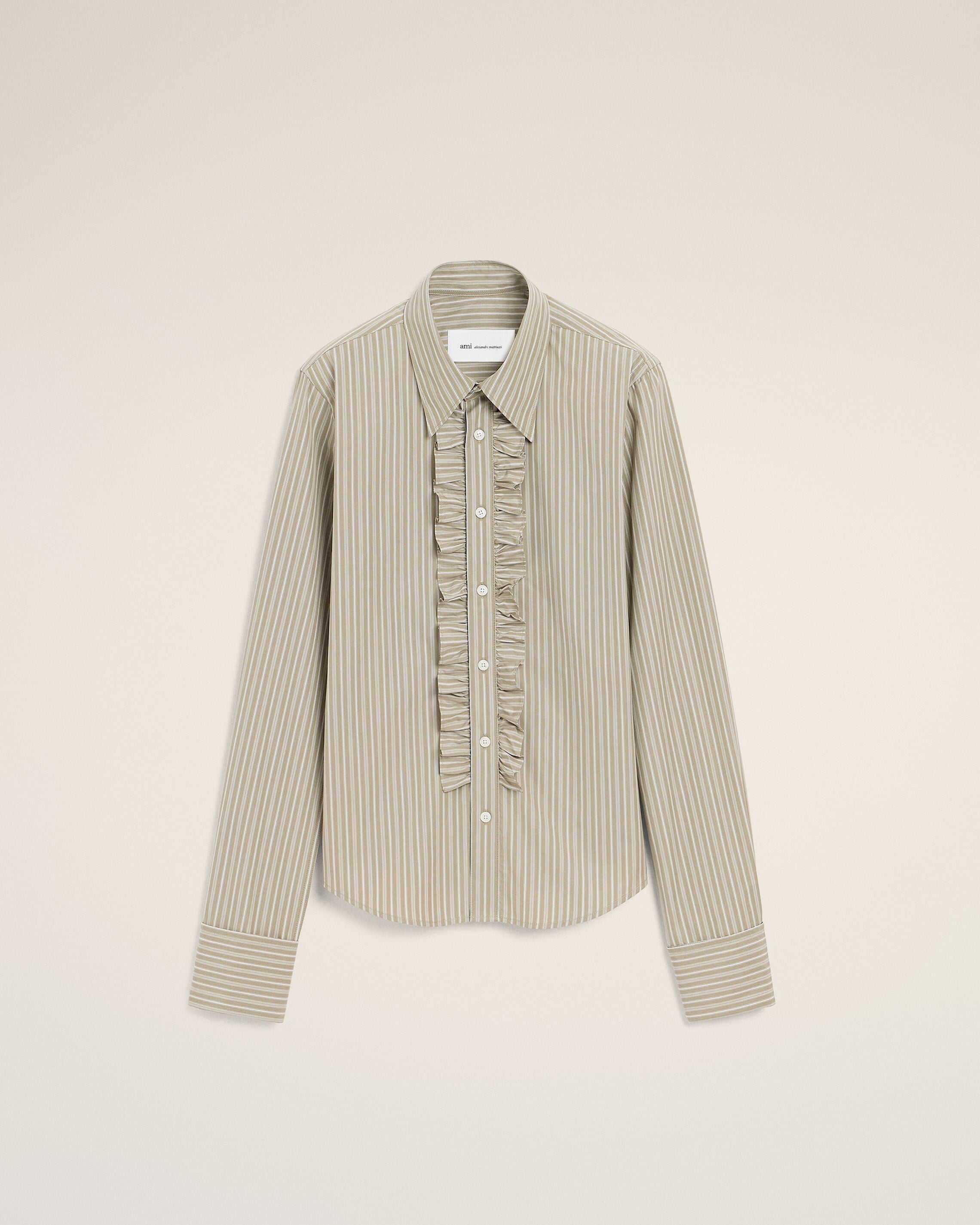 Beige Cotton Long Sleeve Ruffled Adjusted Shirt