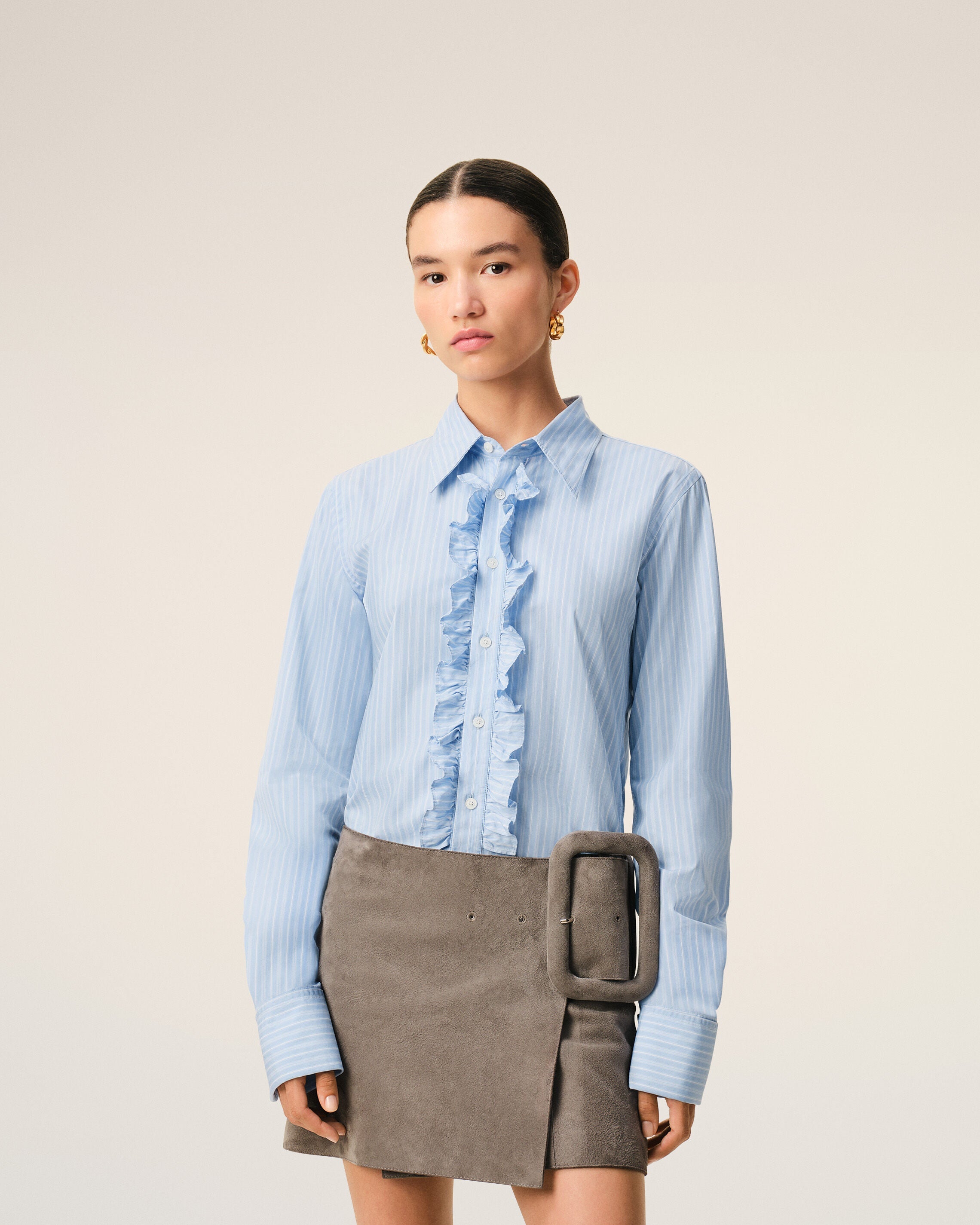 Blue Cotton Long Sleeve Ruffled Adjusted Shirt