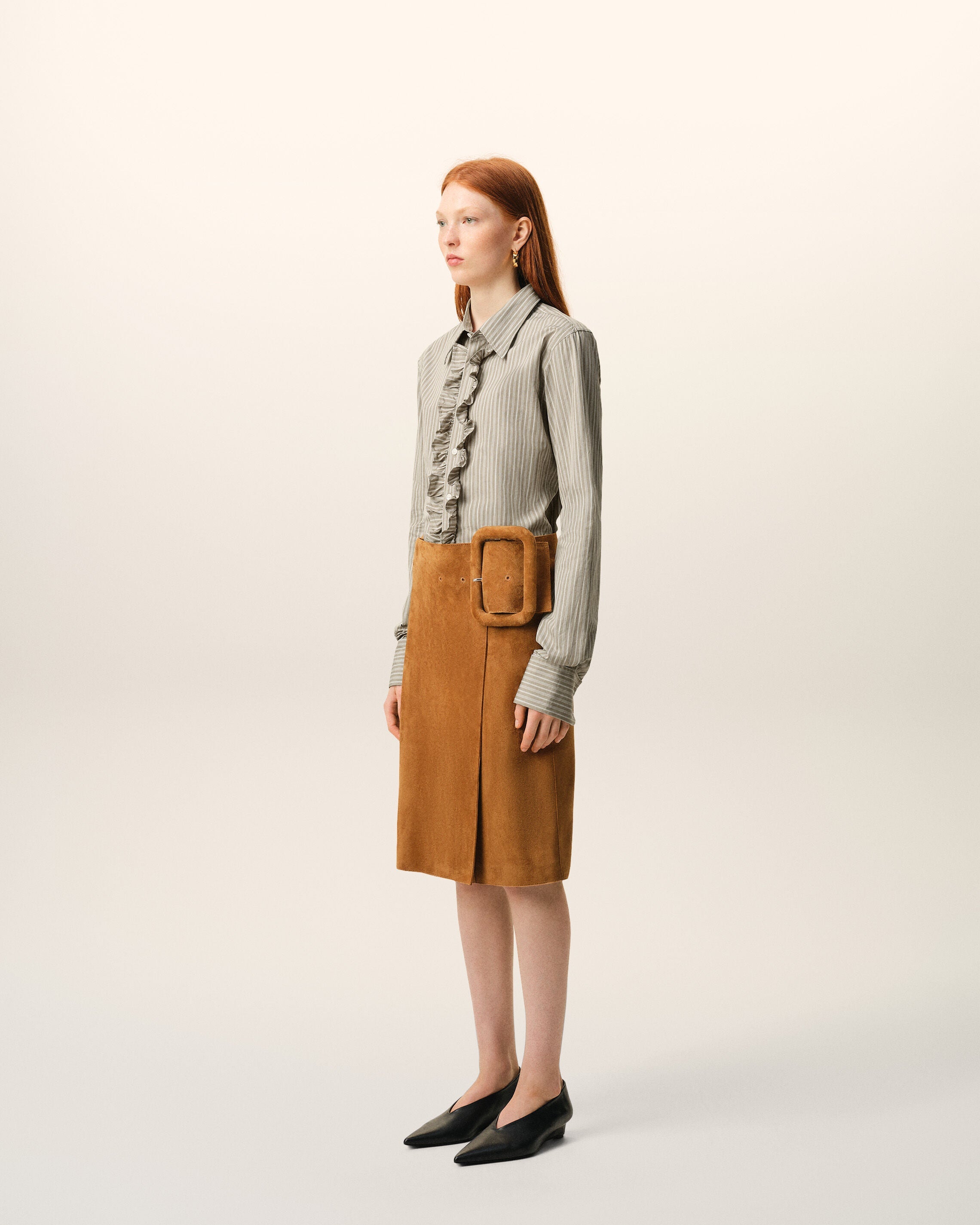 Beige Cotton Long Sleeve Ruffled Adjusted Shirt