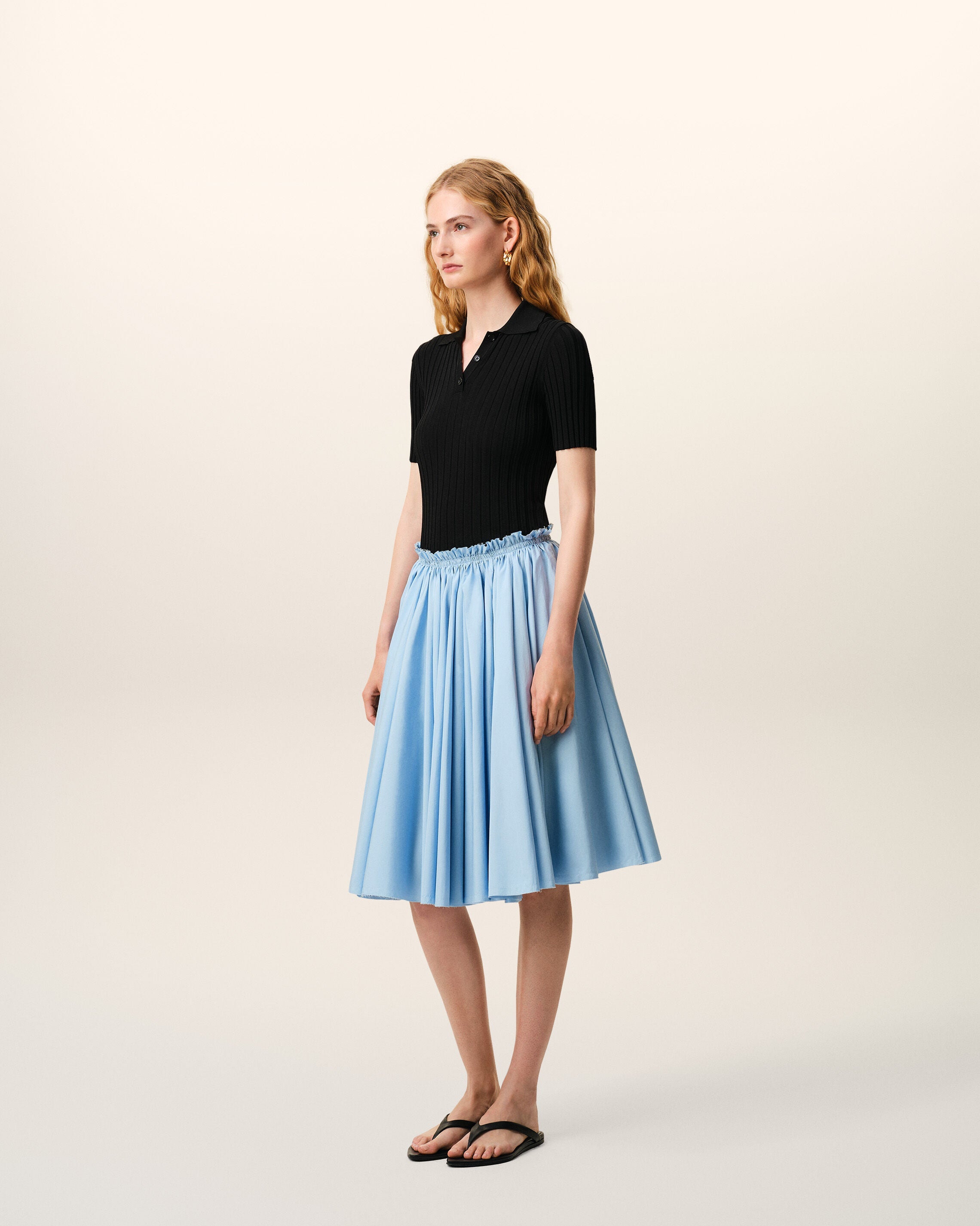 Blue Cotton Midi Corolla Skirt
