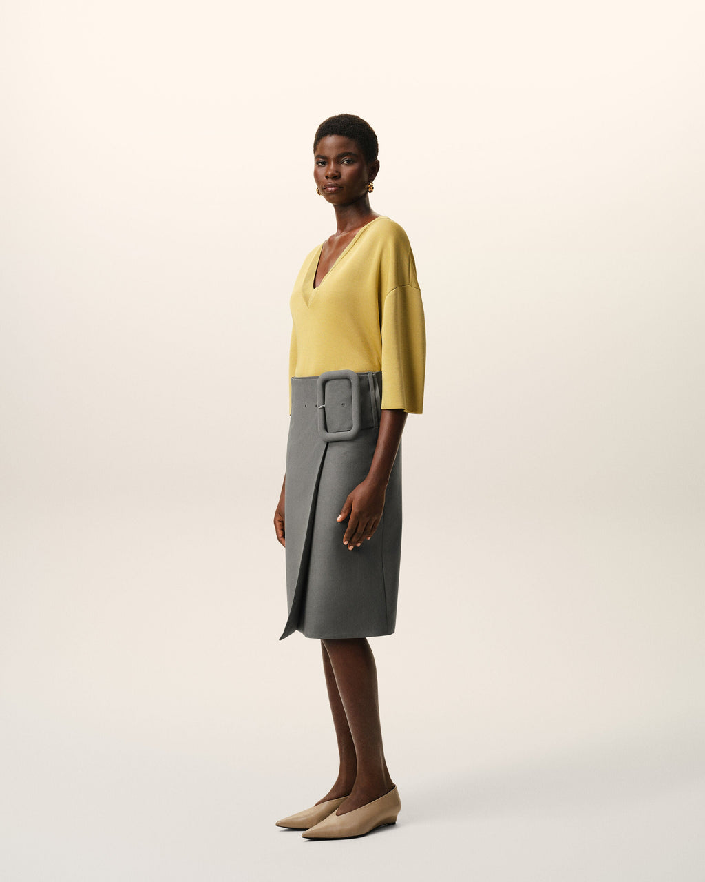 Grey New Wool Big Buckle Belted Midi Skirt