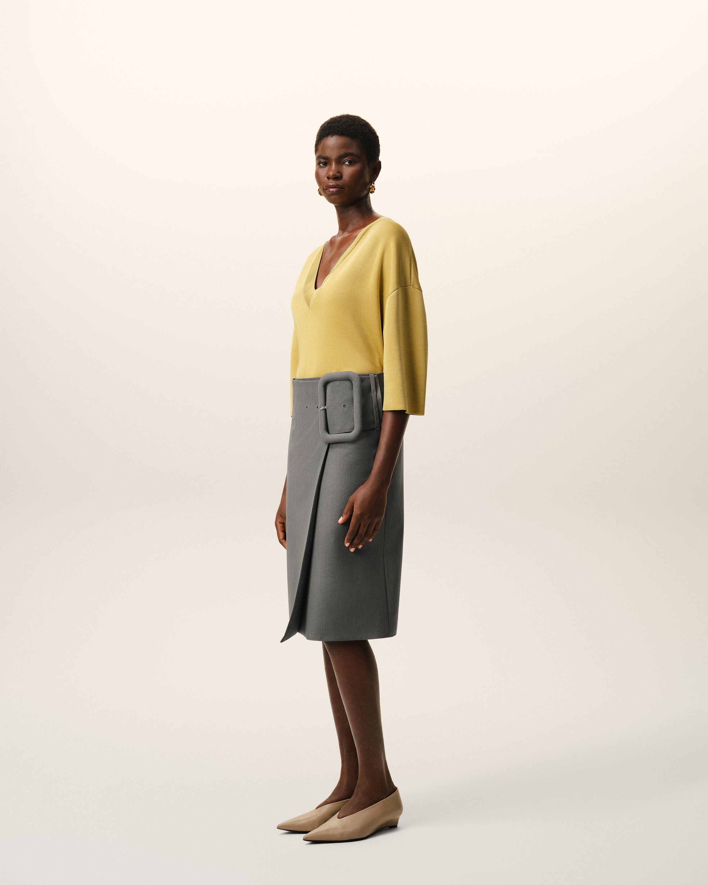 Grey New Wool Big Buckle Belted Midi Skirt