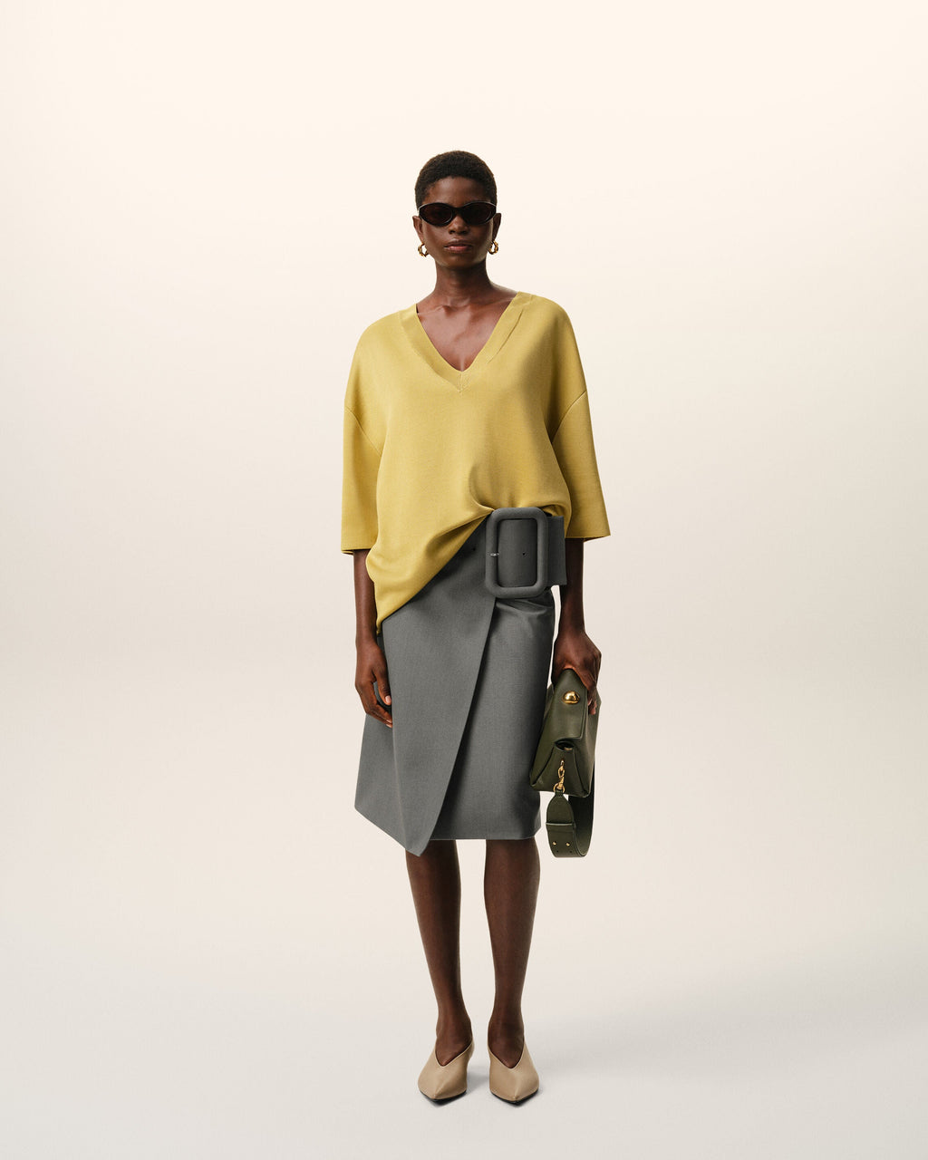 Grey New Wool Big Buckle Belted Midi Skirt