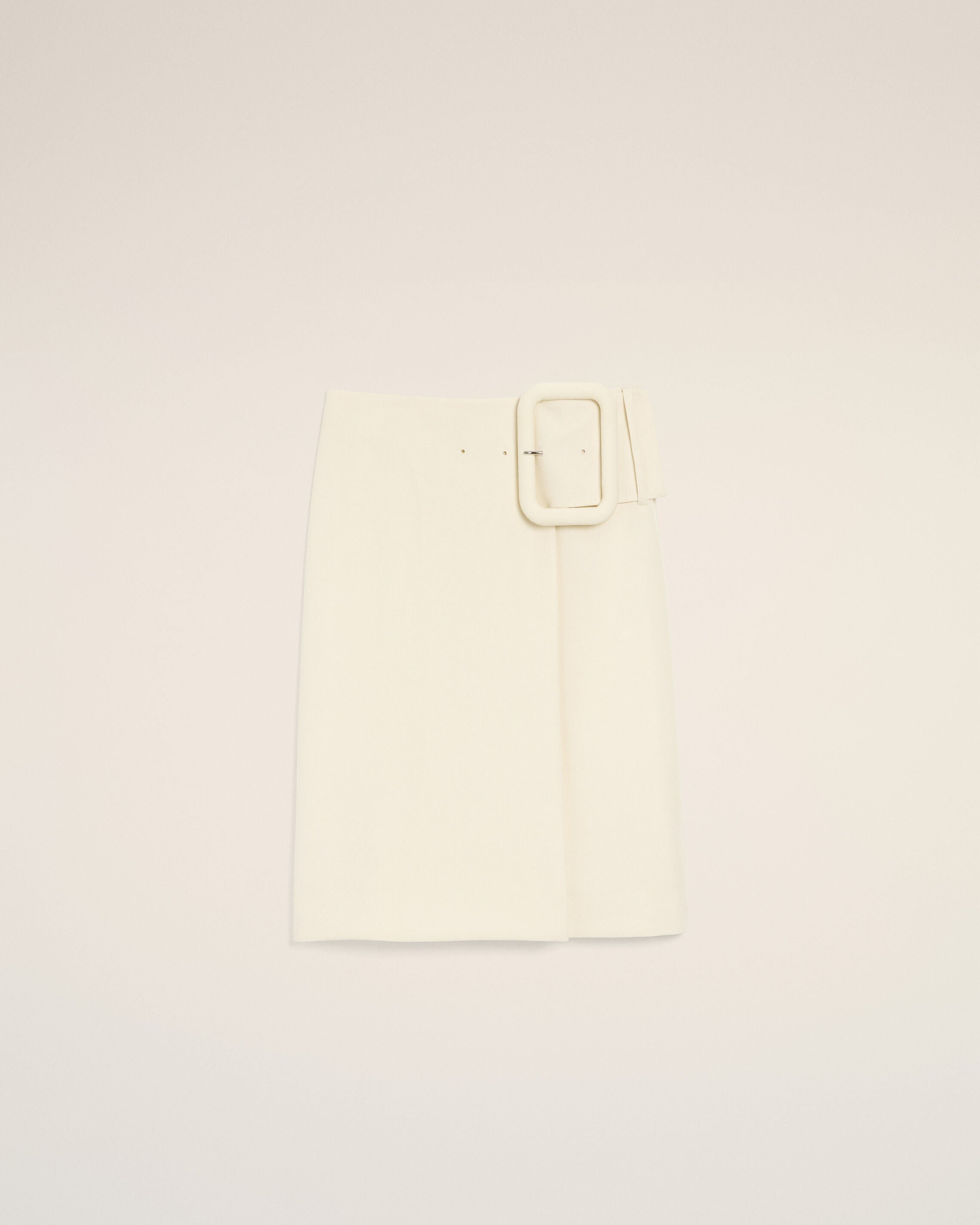 White New Wool Big Buckle Belted Midi Skirt