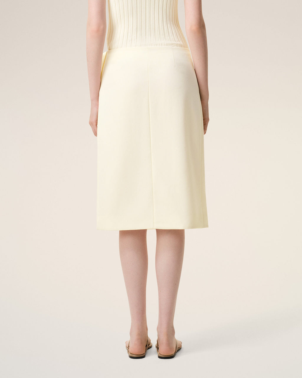 White New Wool Big Buckle Belted Midi Skirt