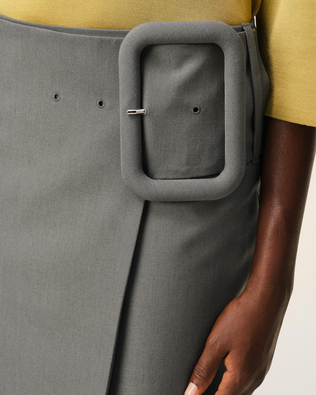 Grey New Wool Big Buckle Belted Midi Skirt