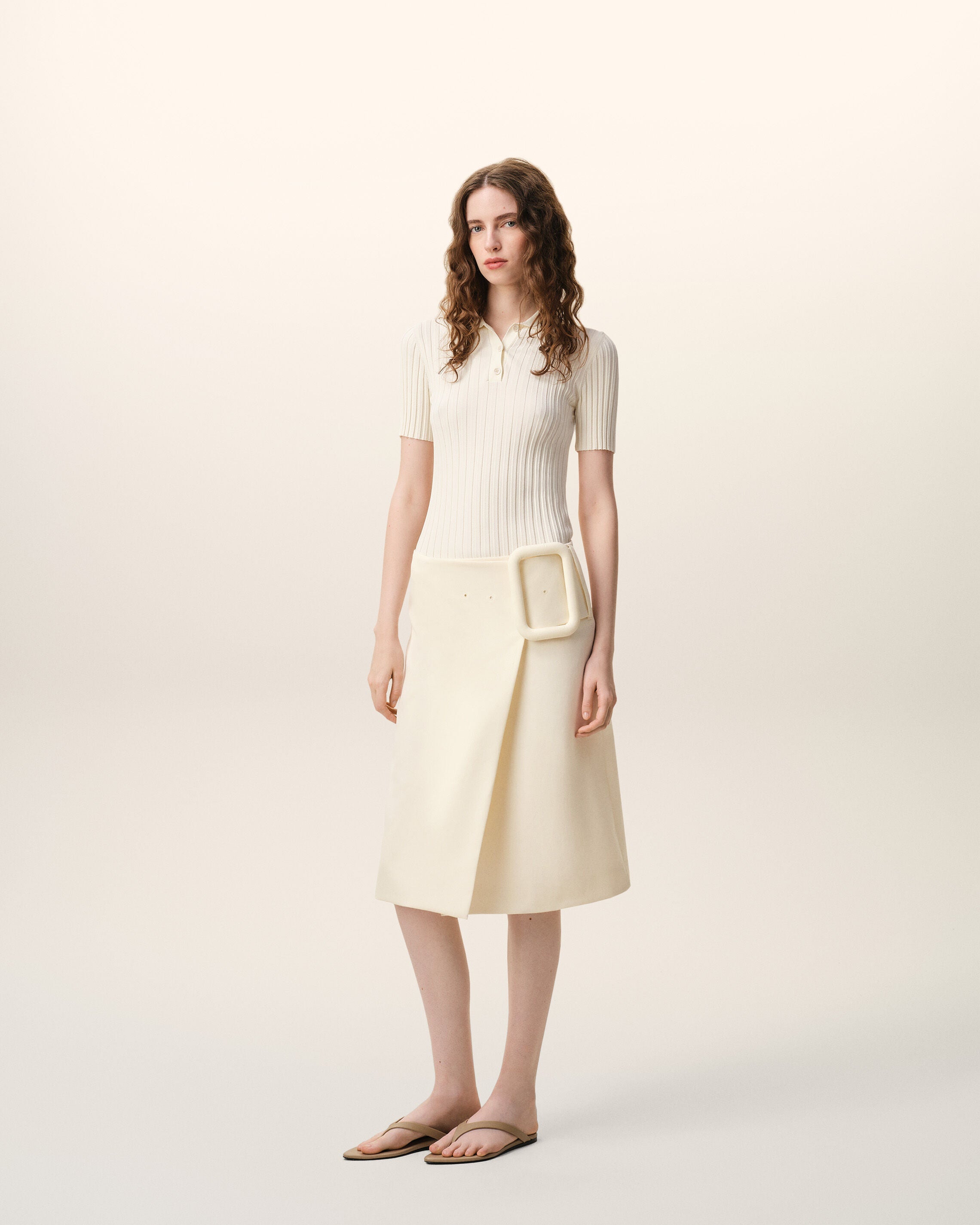 White New Wool Big Buckle Belted Midi Skirt