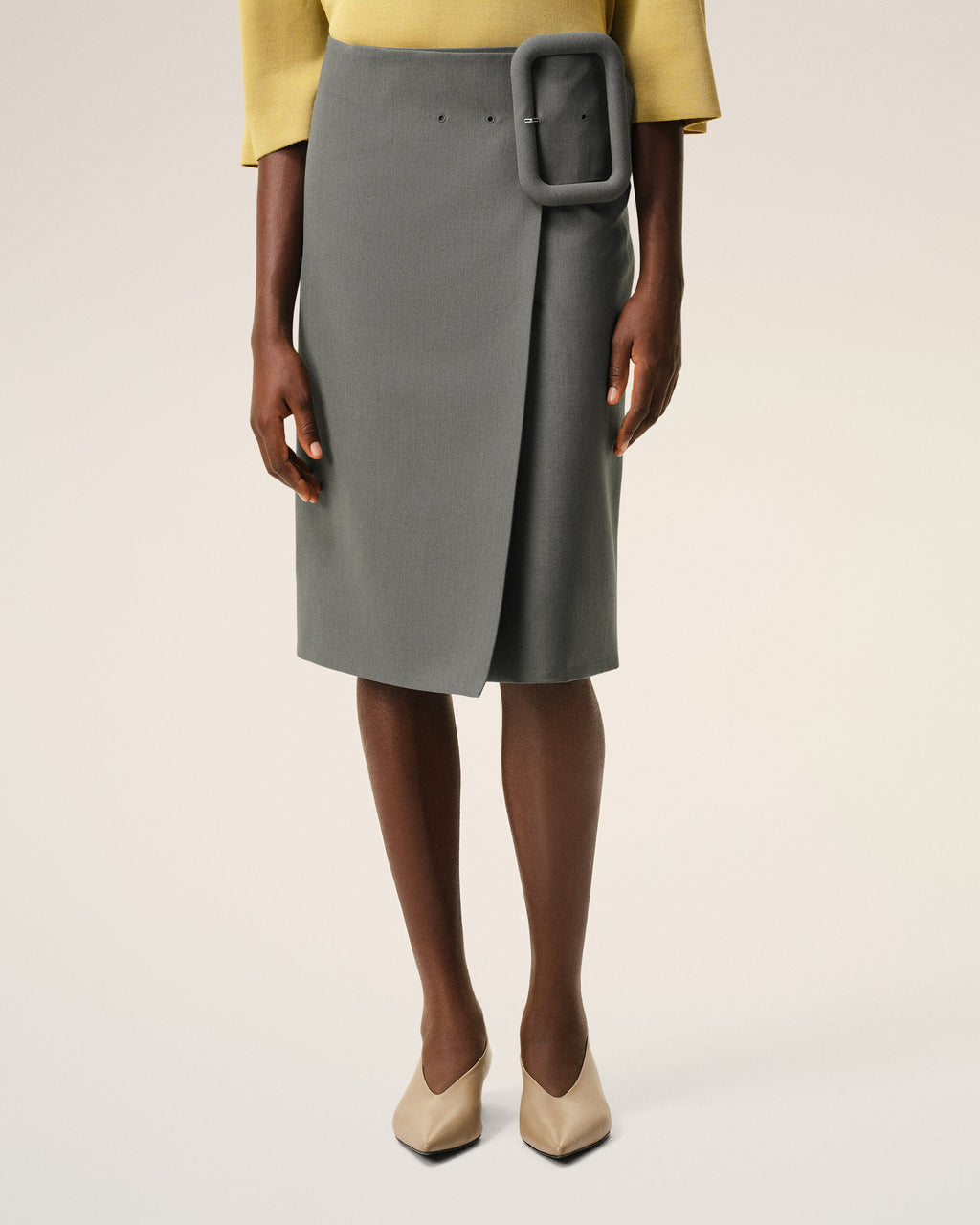 Grey New Wool Big Buckle Belted Midi Skirt
