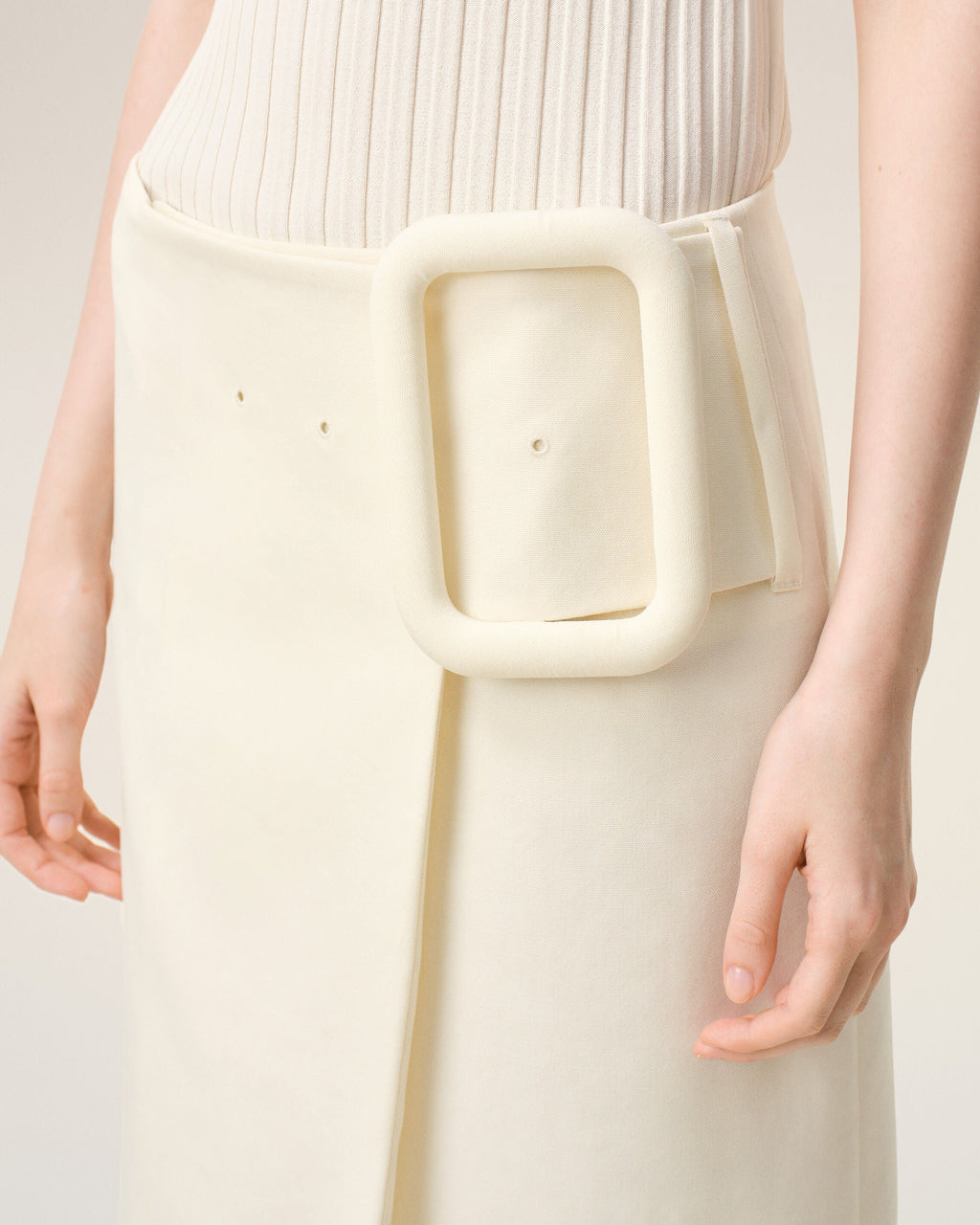 White New Wool Big Buckle Belted Midi Skirt