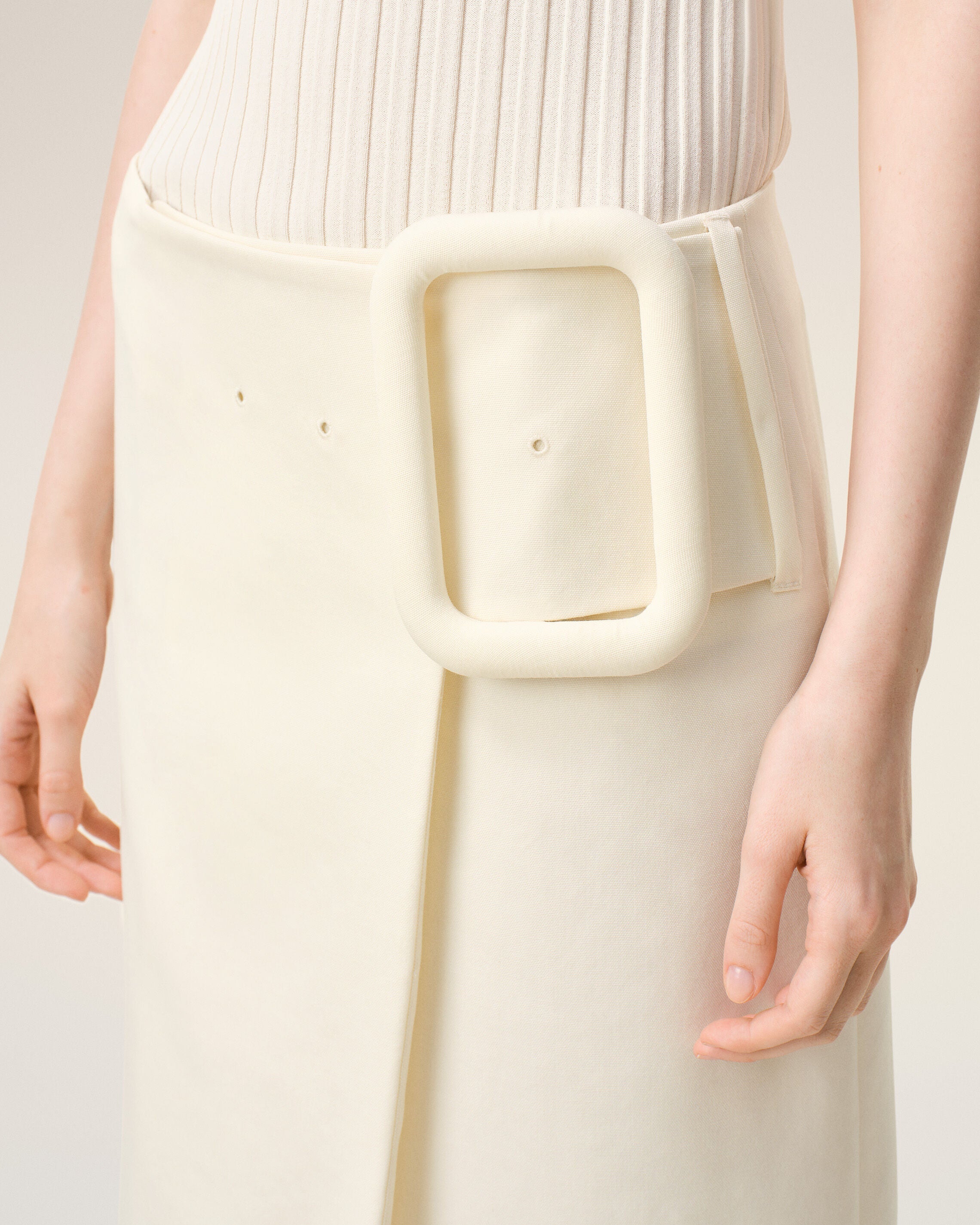 White New Wool Big Buckle Belted Midi Skirt