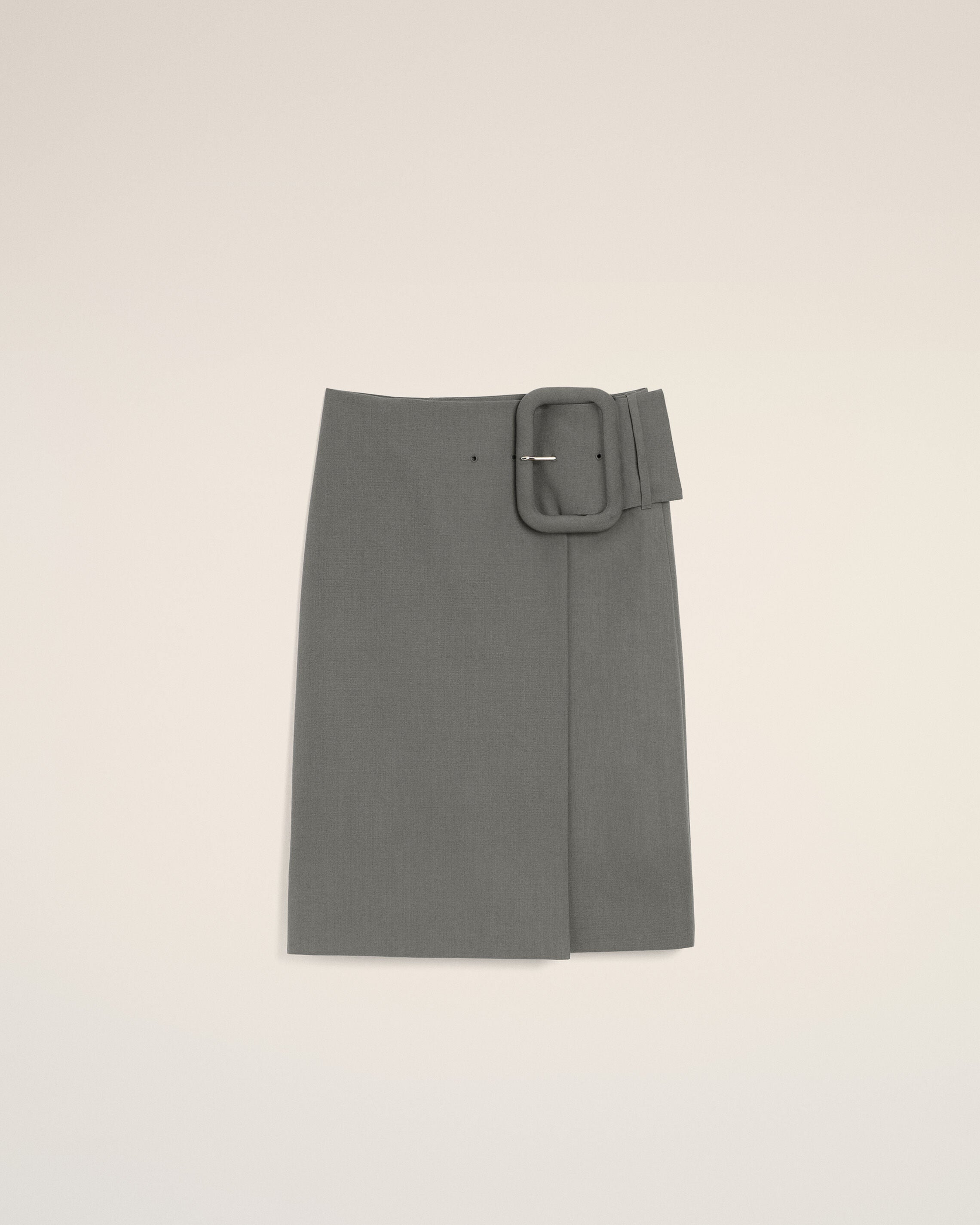 Grey New Wool Big Buckle Belted Midi Skirt