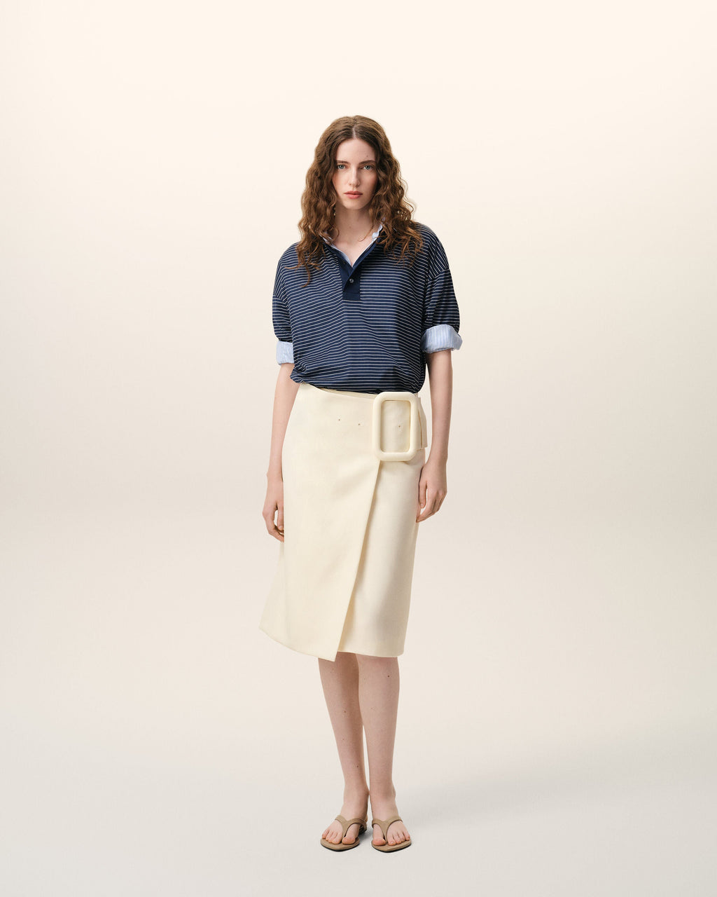 White New Wool Big Buckle Belted Midi Skirt