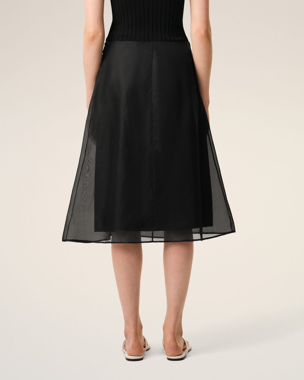 Black Silk Midi Sheer Underskirt Trapeze Skirt