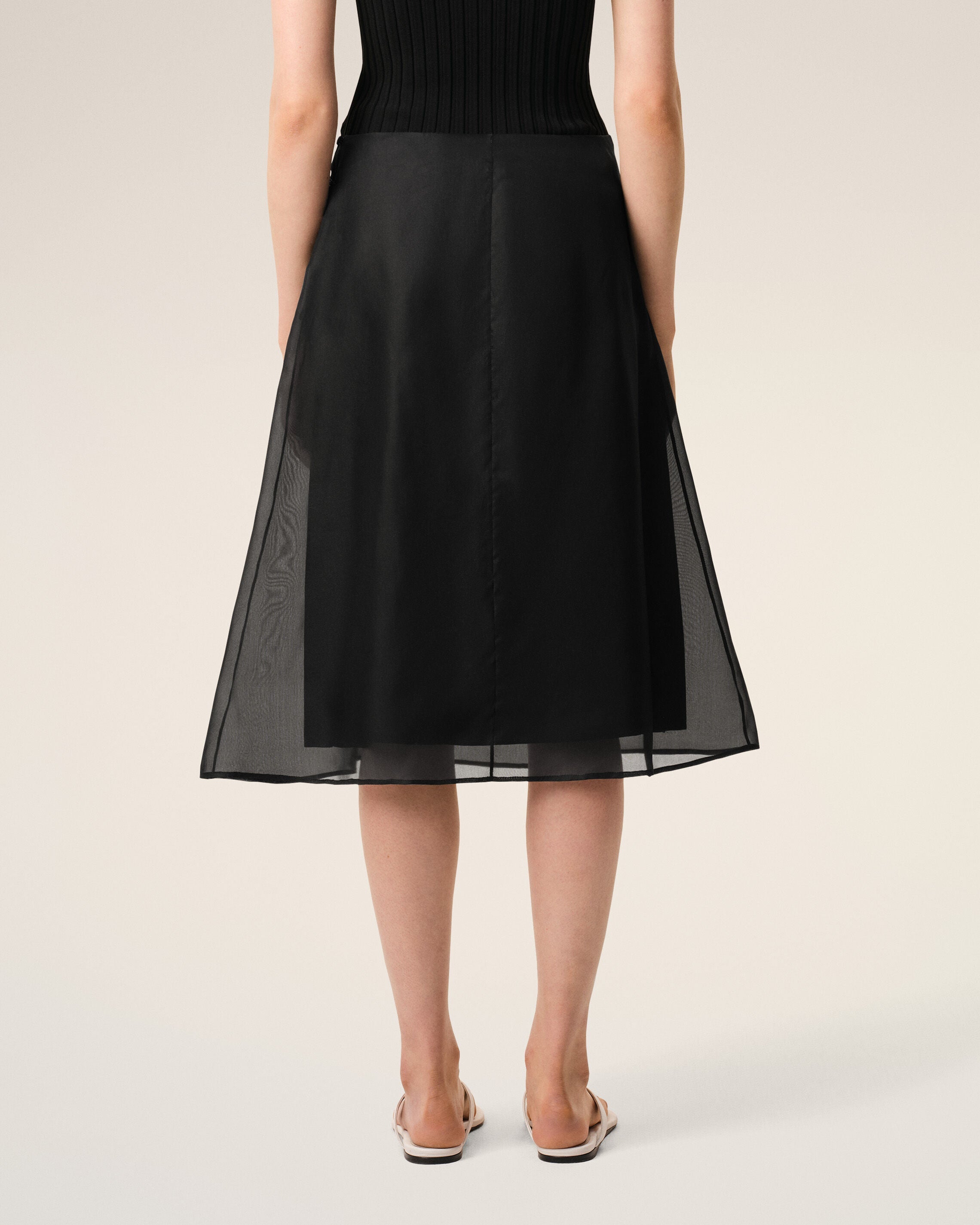 Black Silk Midi Sheer Underskirt Trapeze Skirt