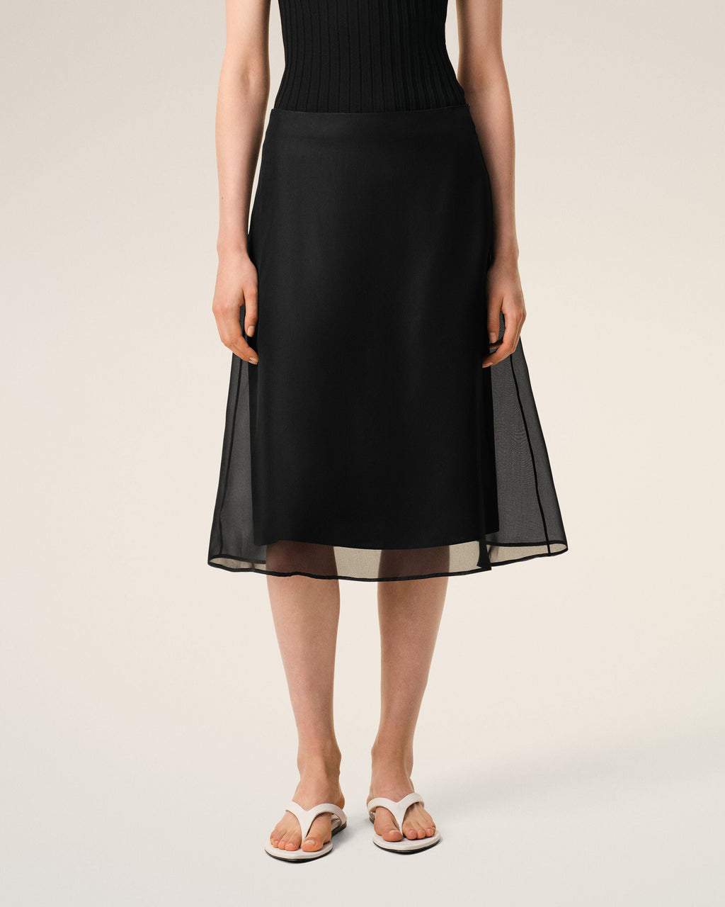 Black Silk Midi Sheer Underskirt Trapeze Skirt
