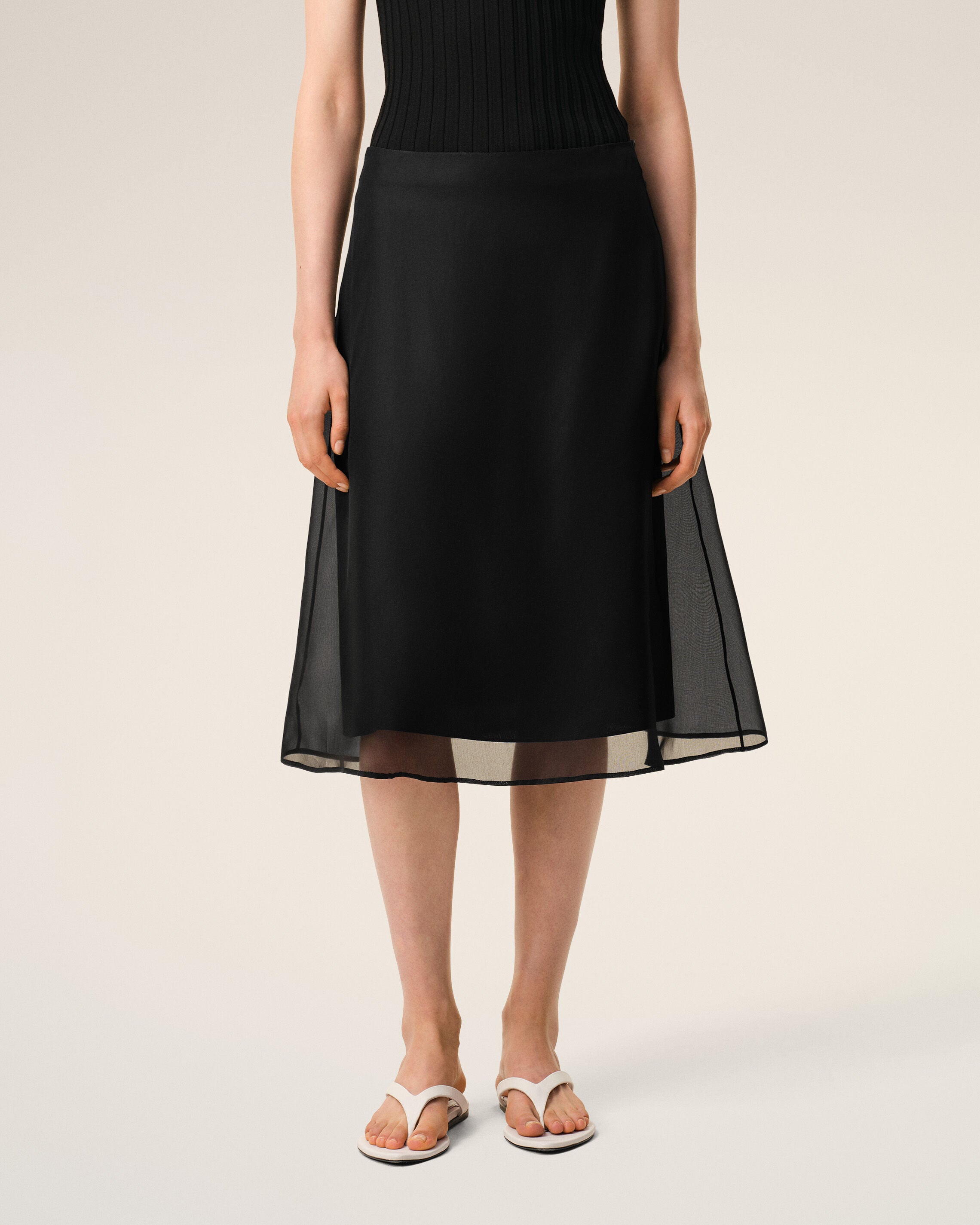 Black Silk Midi Sheer Underskirt Trapeze Skirt