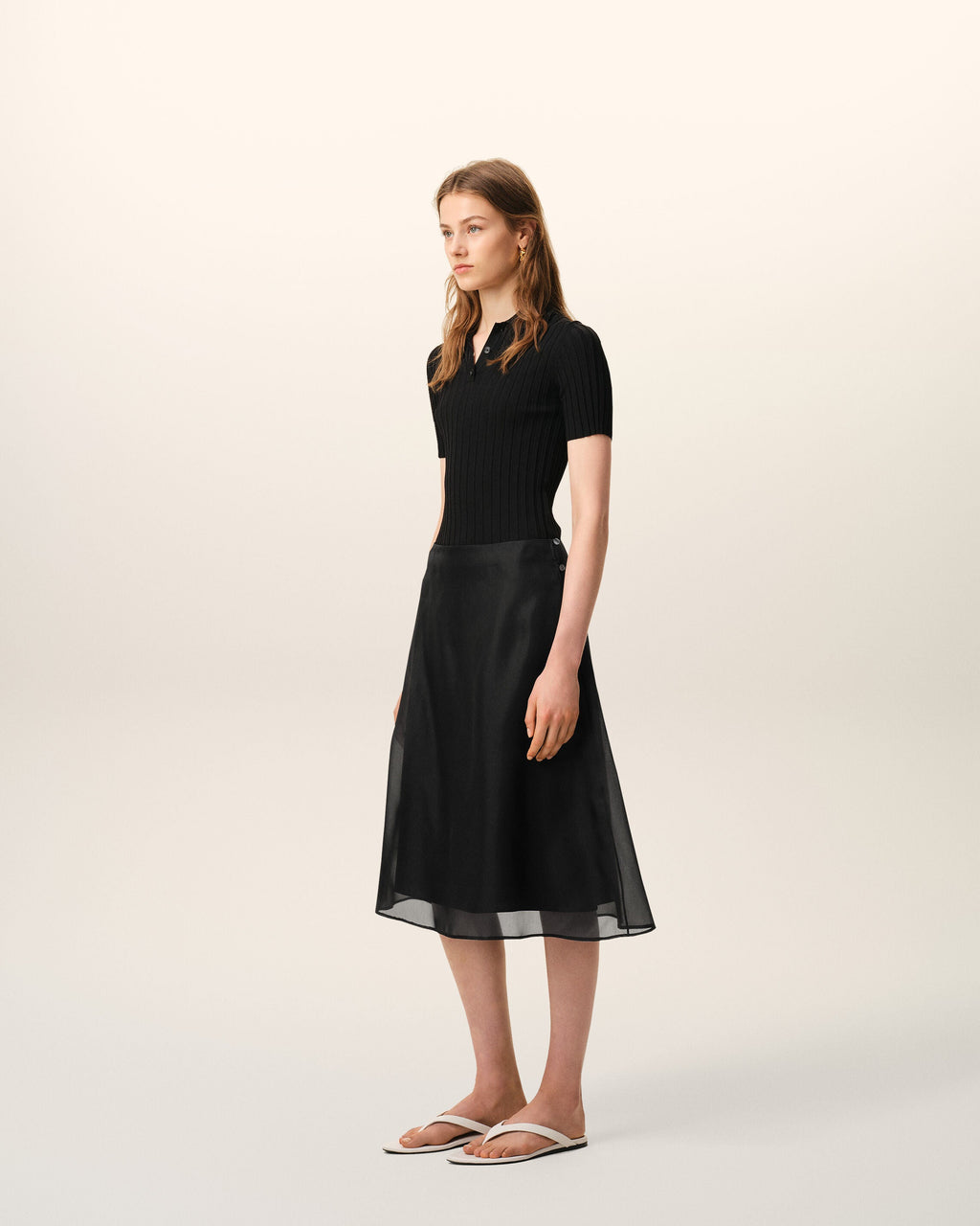 Black Silk Midi Sheer Underskirt Trapeze Skirt