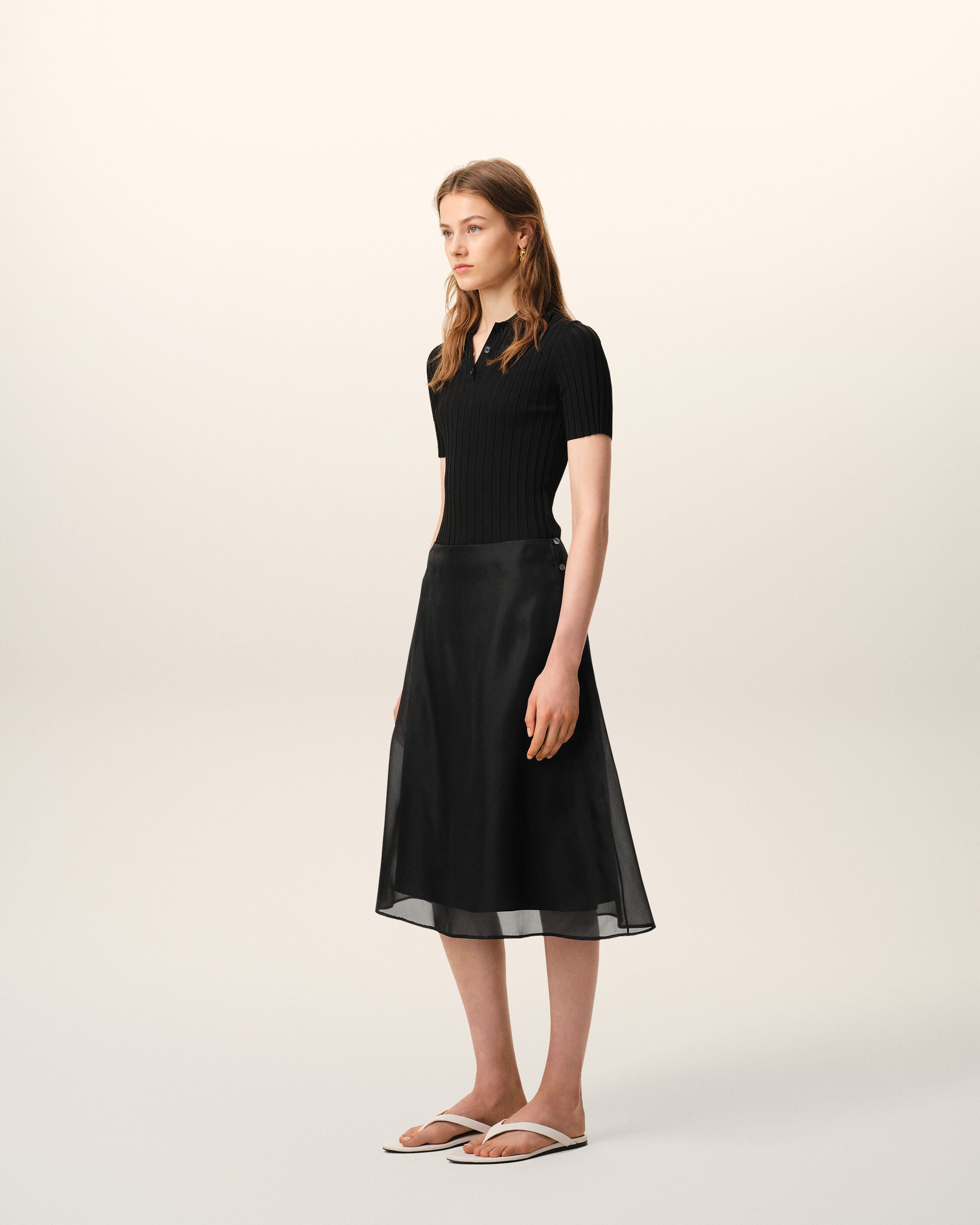 Black Silk Midi Sheer Underskirt Trapeze Skirt