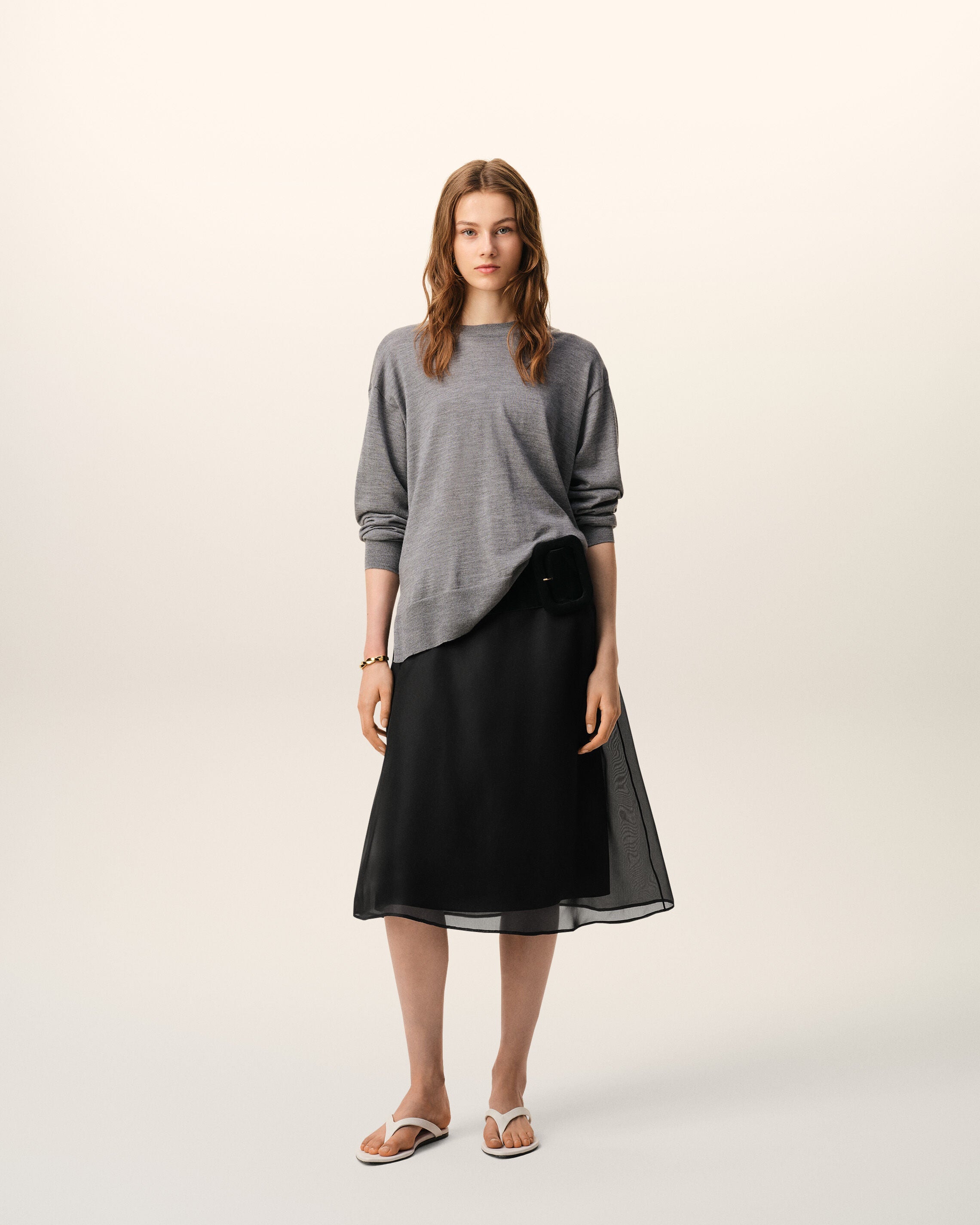 Black Silk Midi Sheer Underskirt Trapeze Skirt