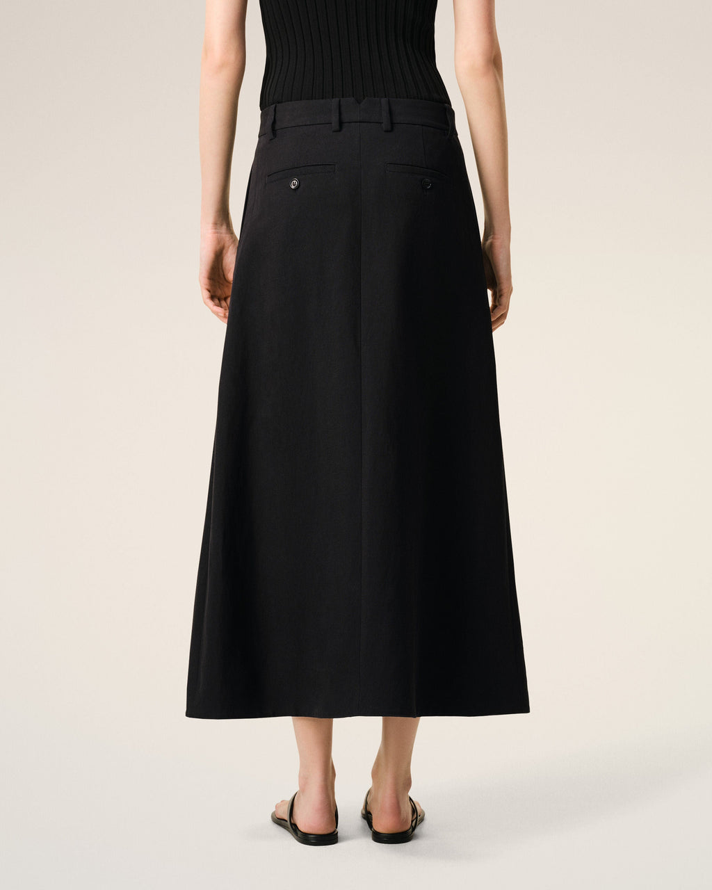 Black Blended Linen Tailor Construction Long Trapeze Skirt