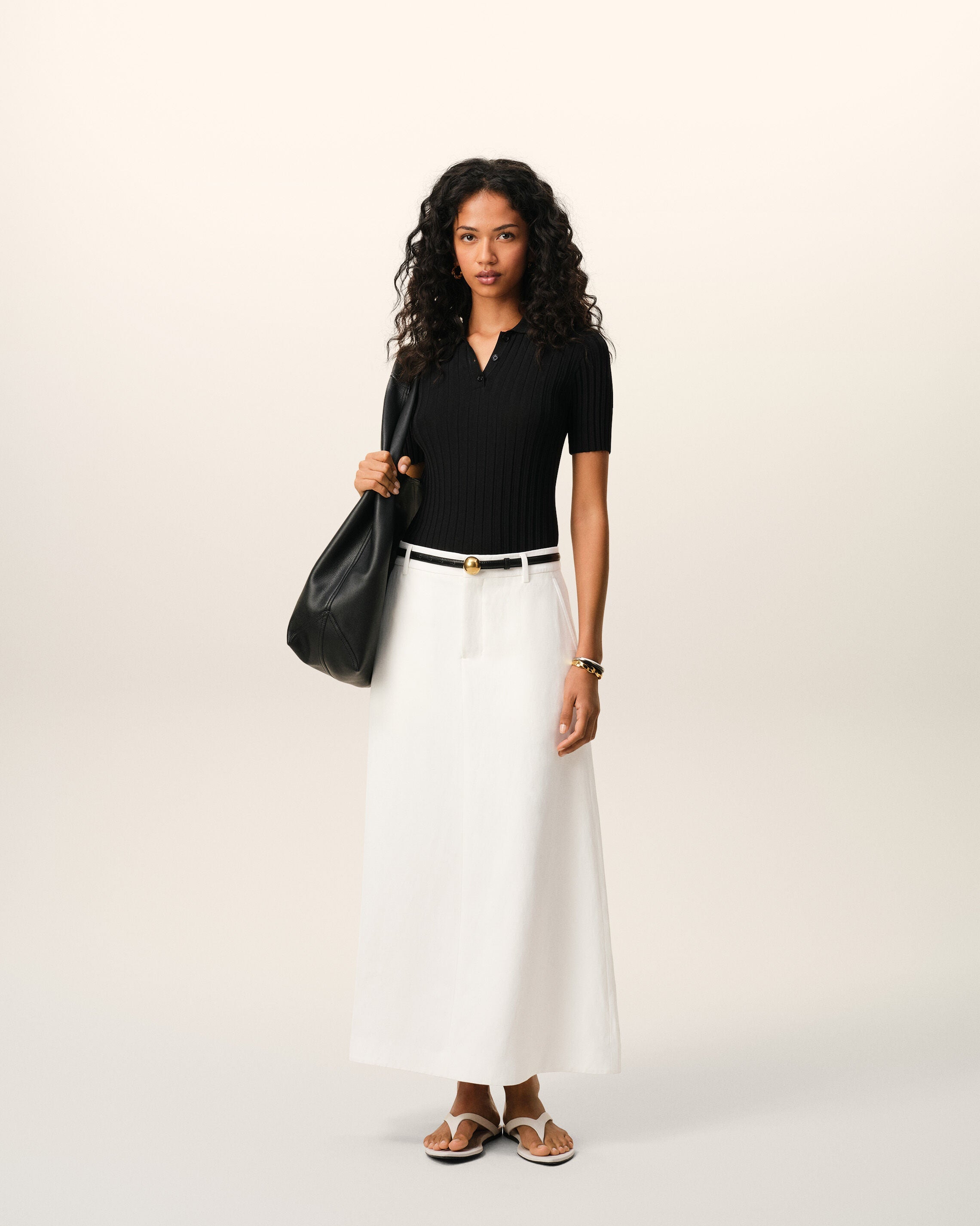 White Blended Linen Tailor Construction Long Trapeze Skirt