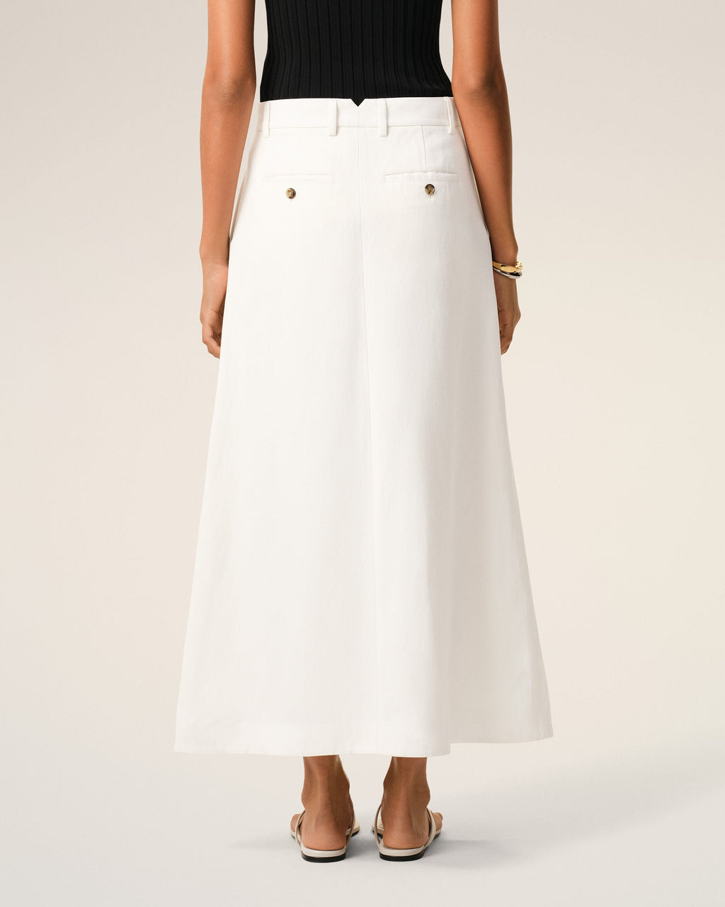 White Blended Linen Tailor Construction Long Trapeze Skirt