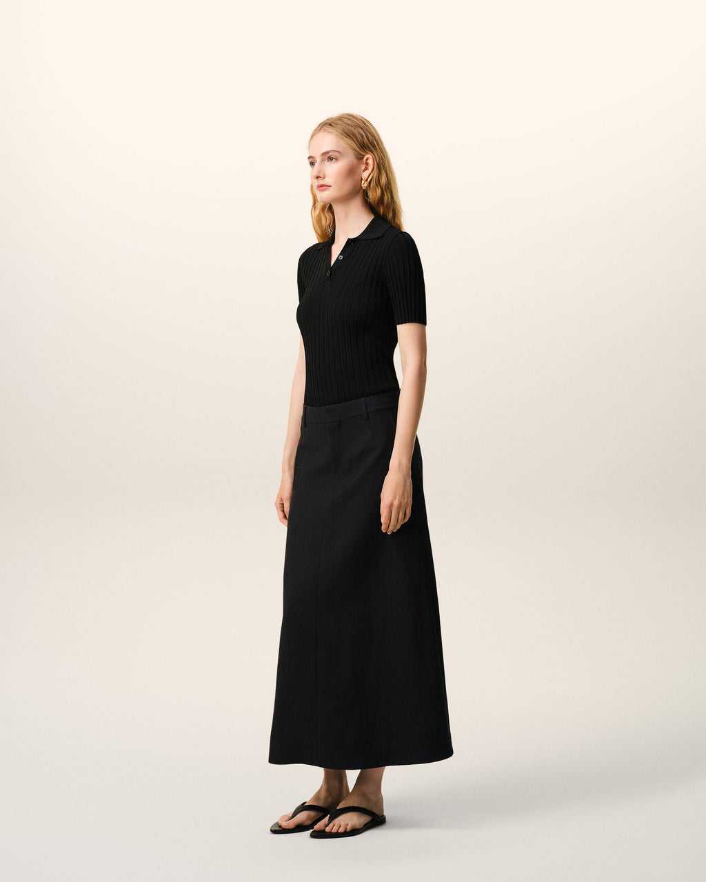 Black Blended Linen Tailor Construction Long Trapeze Skirt