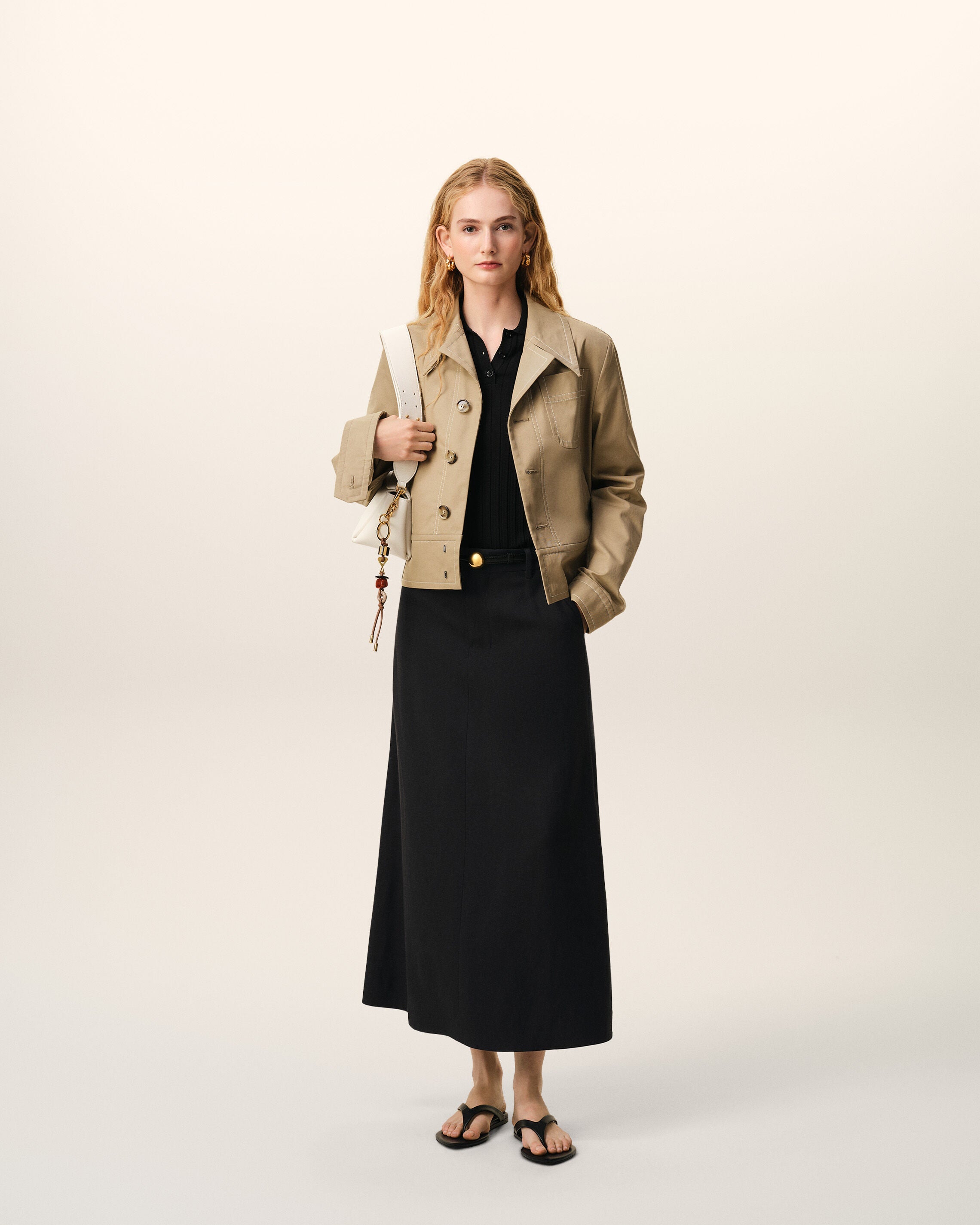 Black Blended Linen Tailor Construction Long Trapeze Skirt