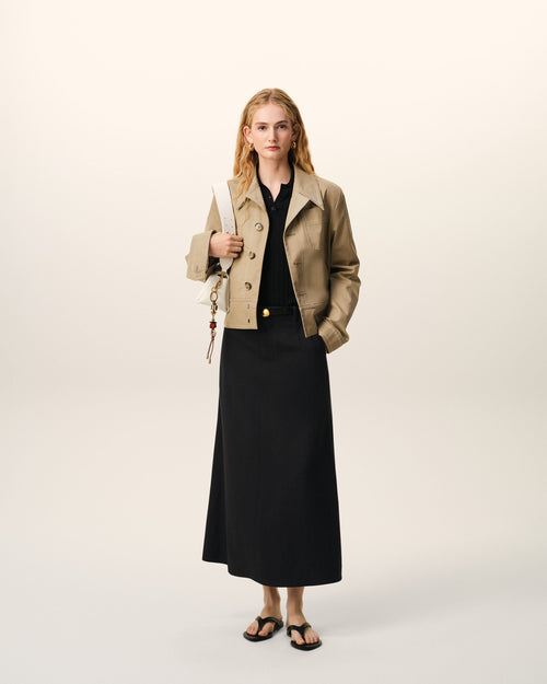 Black Blended Linen Tailor Construction Long Trapeze Skirt