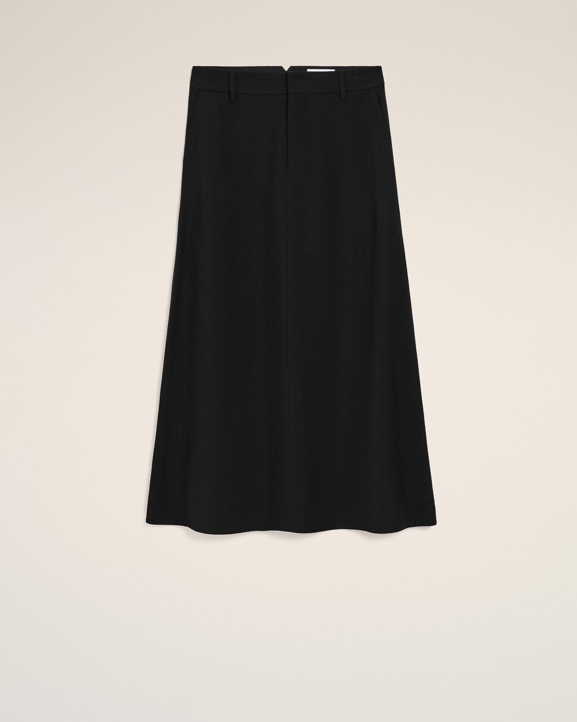 Black Blended Linen Tailor Construction Long Trapeze Skirt