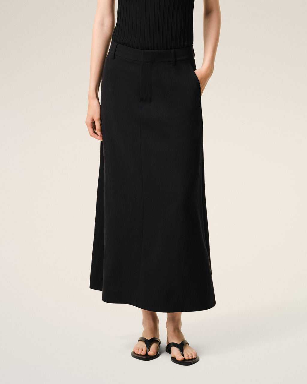 Black Blended Linen Tailor Construction Long Trapeze Skirt