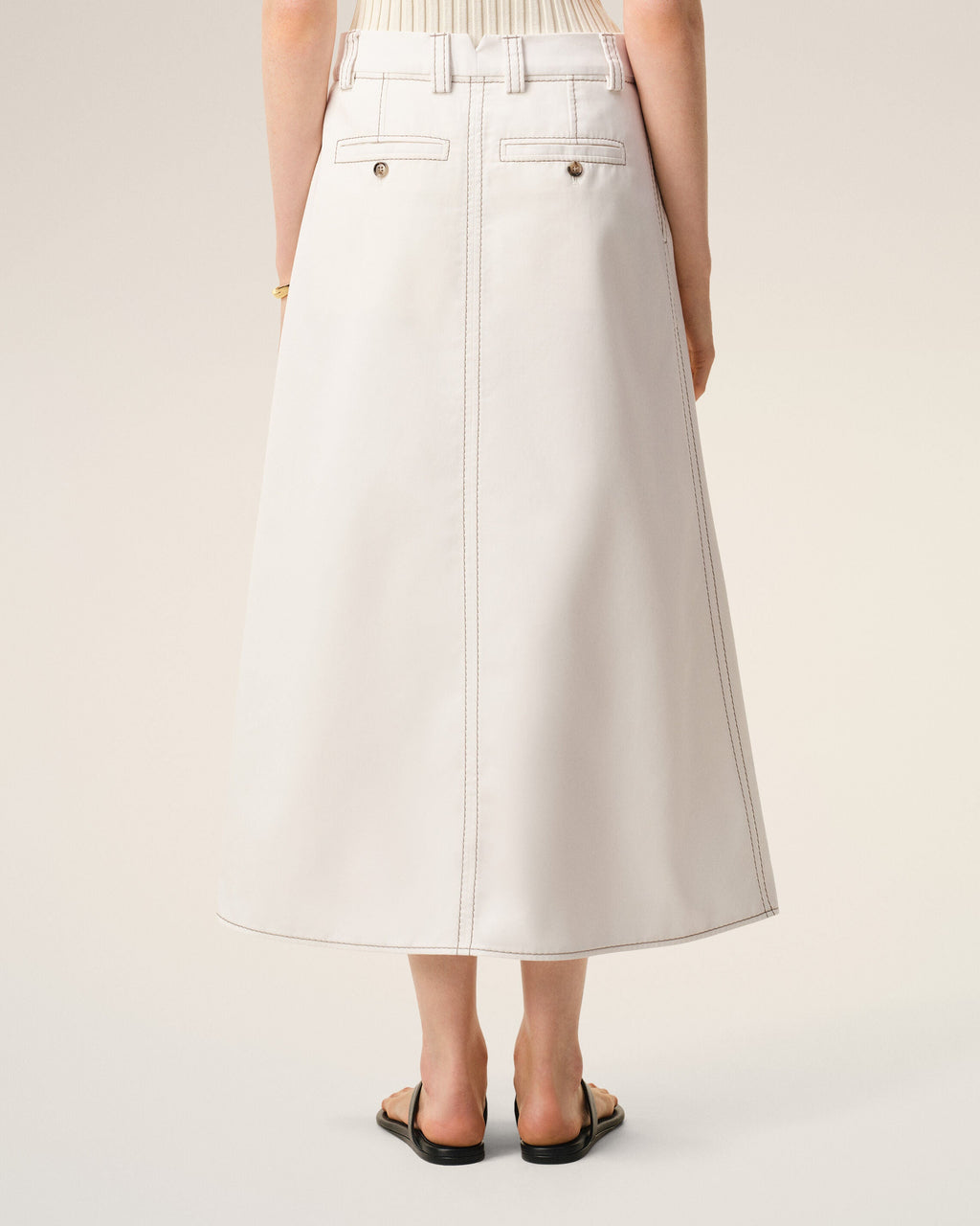 White Cotton Gabardine Long Trapeze Skirt