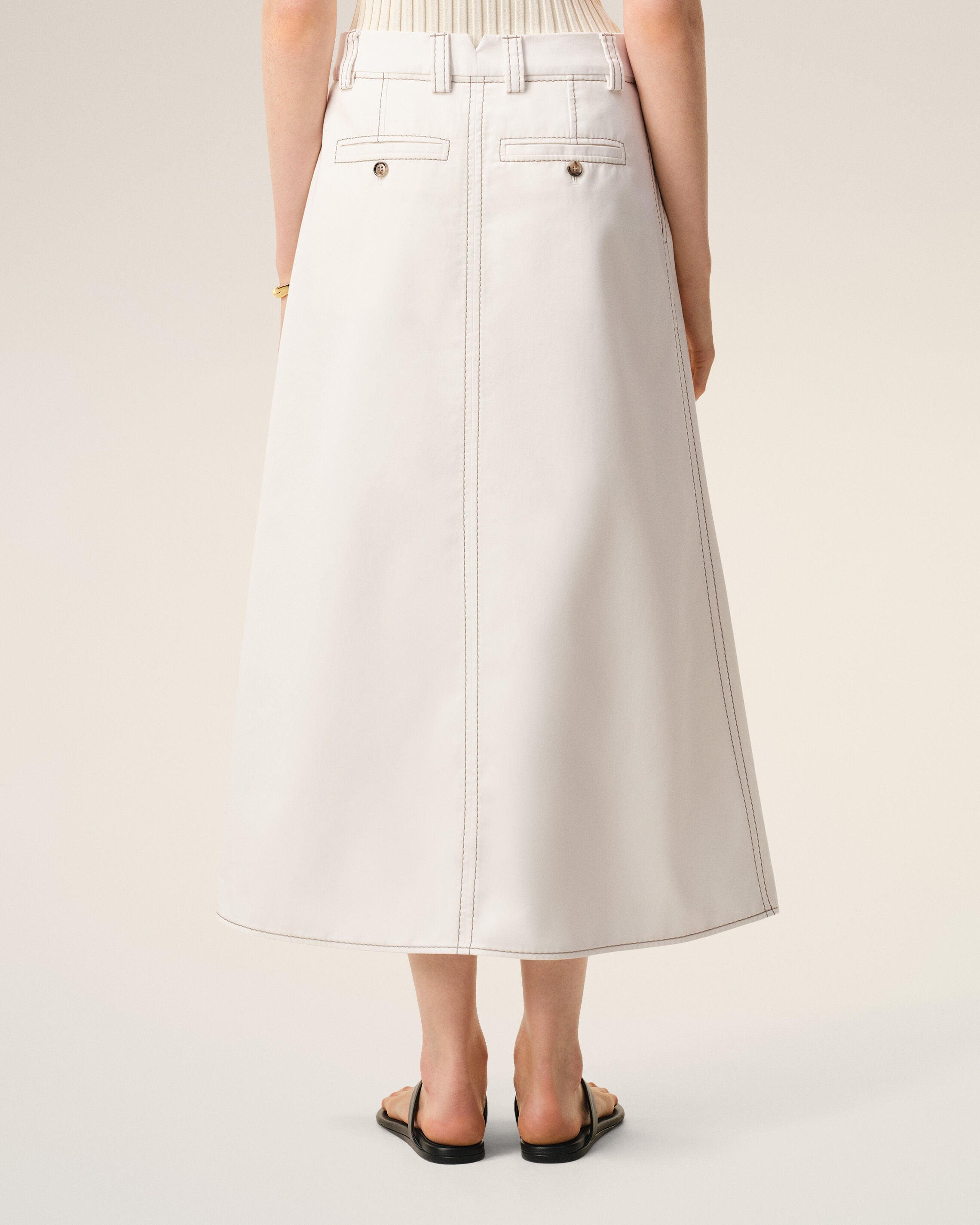 White Cotton Gabardine Long Trapeze Skirt