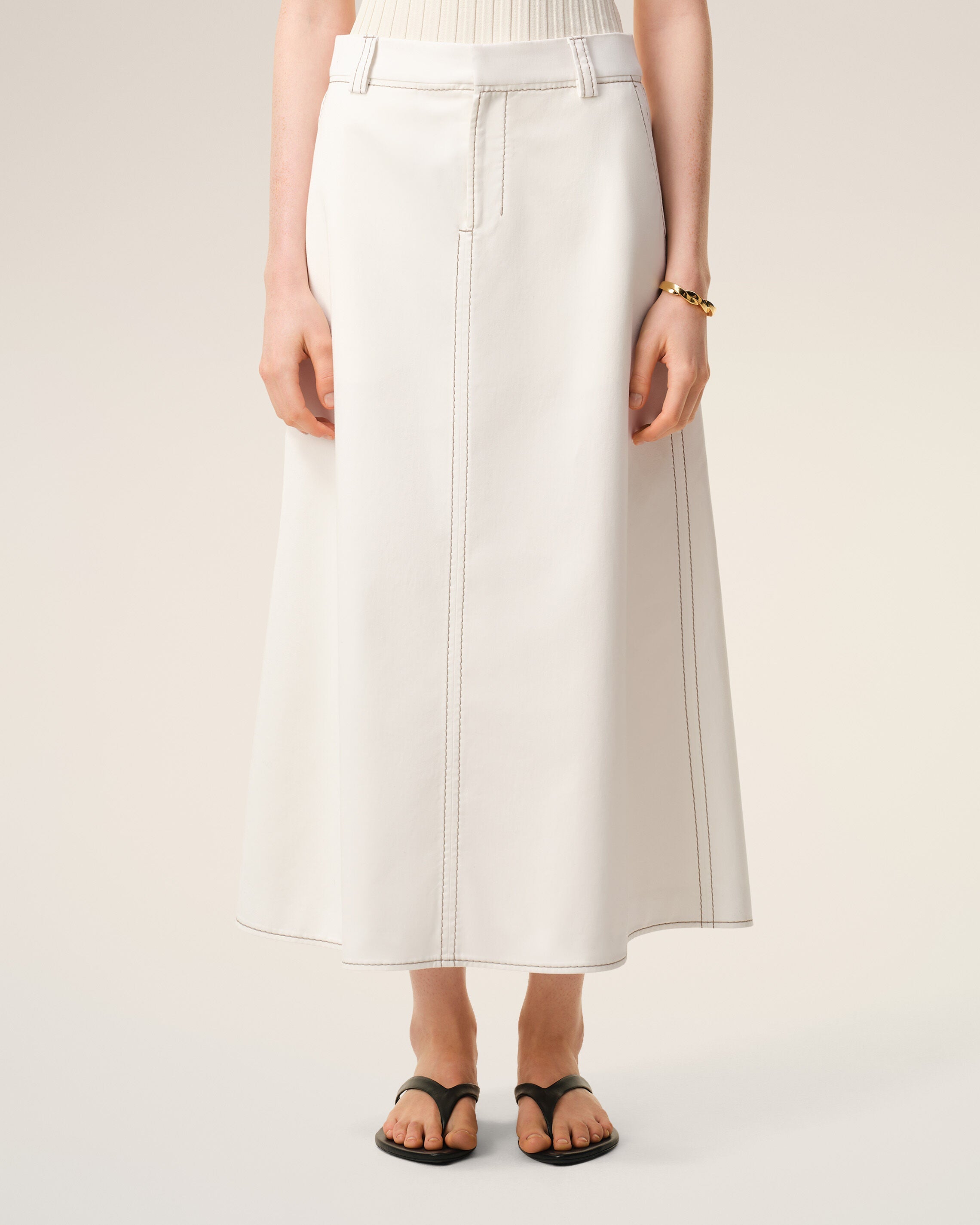 White Cotton Gabardine Long Trapeze Skirt