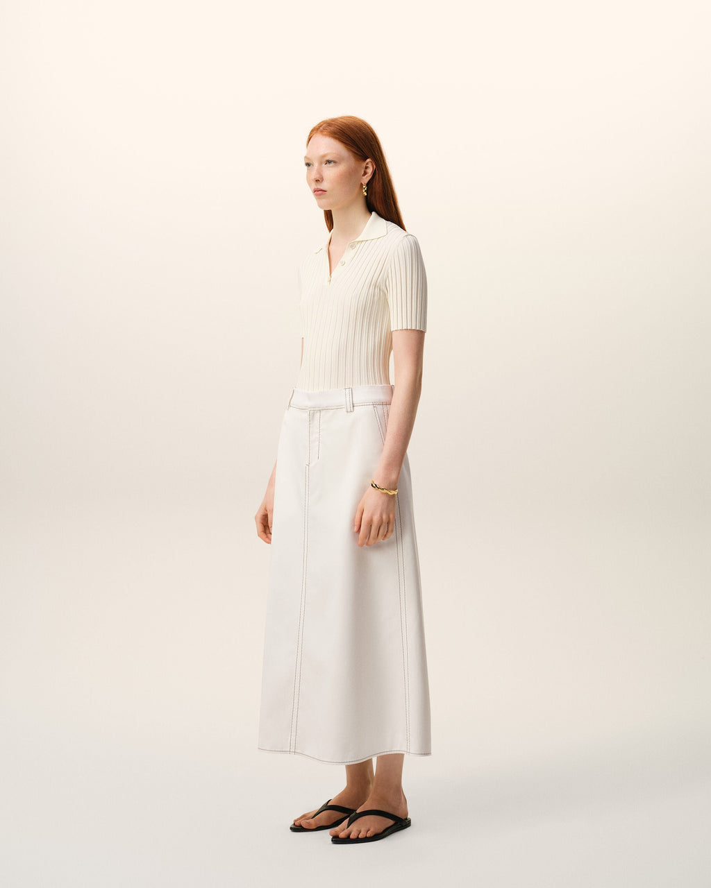 White Cotton Gabardine Long Trapeze Skirt
