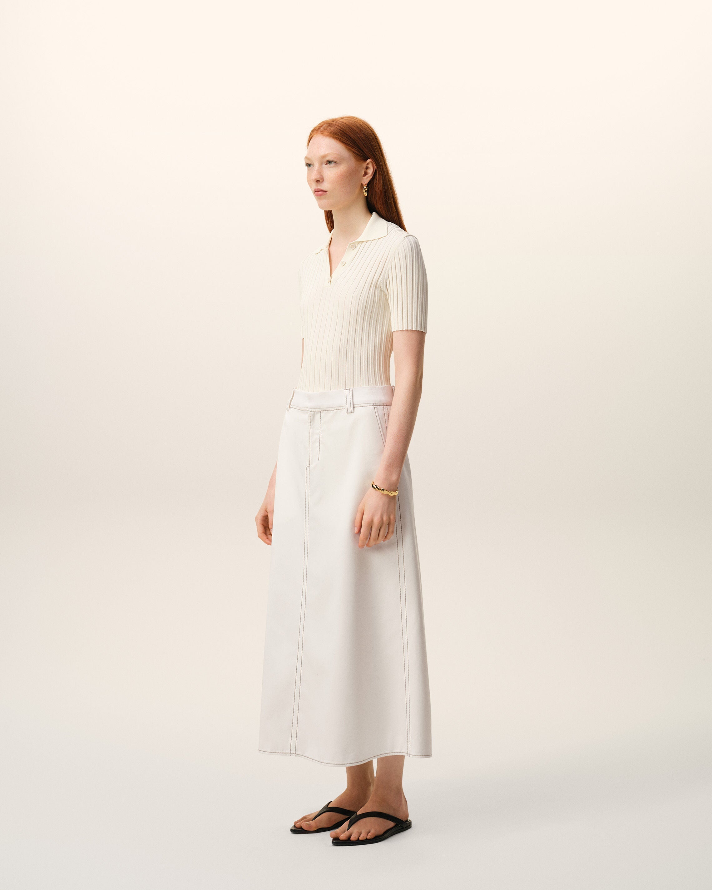 White Cotton Gabardine Long Trapeze Skirt